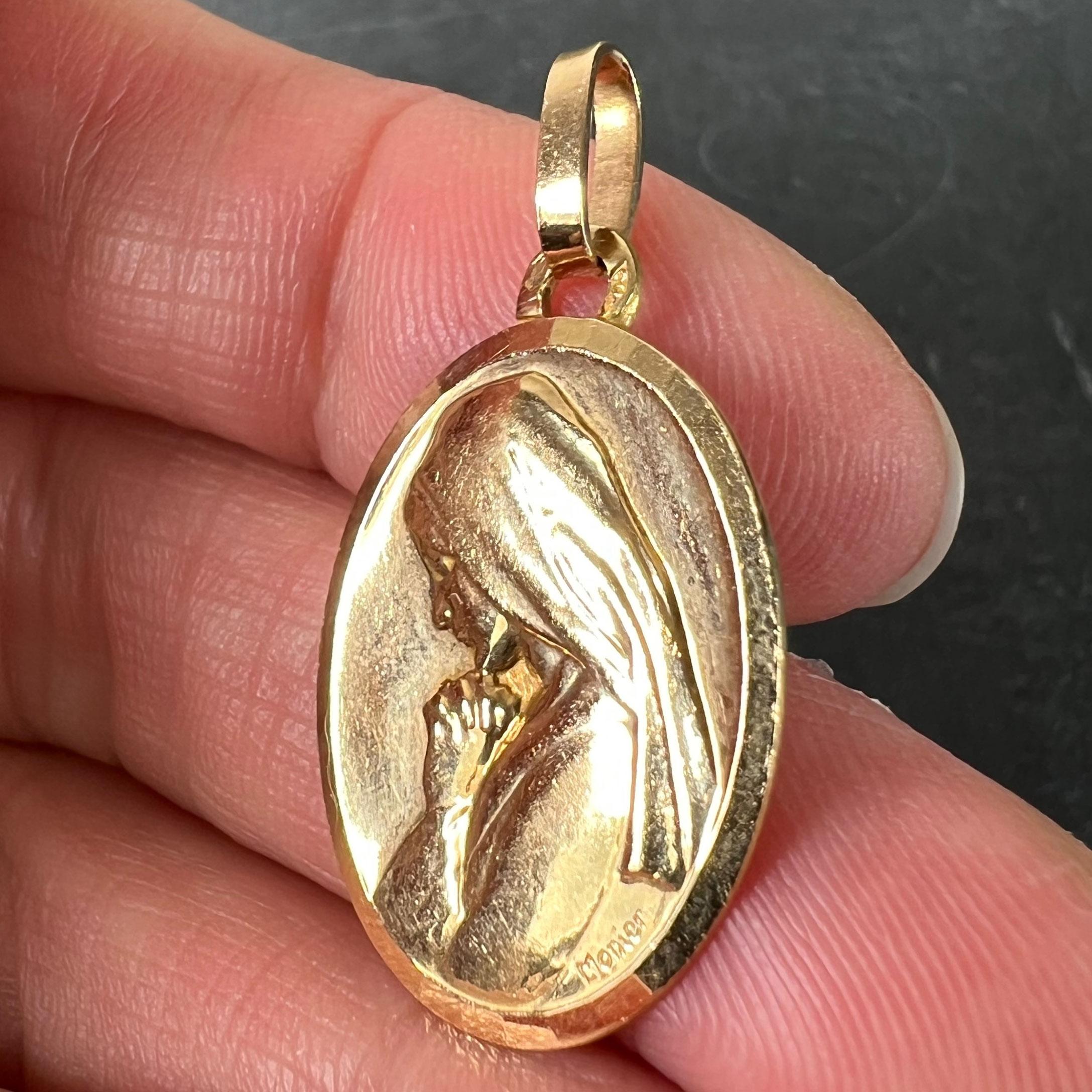 Monier Perriat French Virgin Mary Oval 18K Yellow Gold Pendant Medal For Sale 2