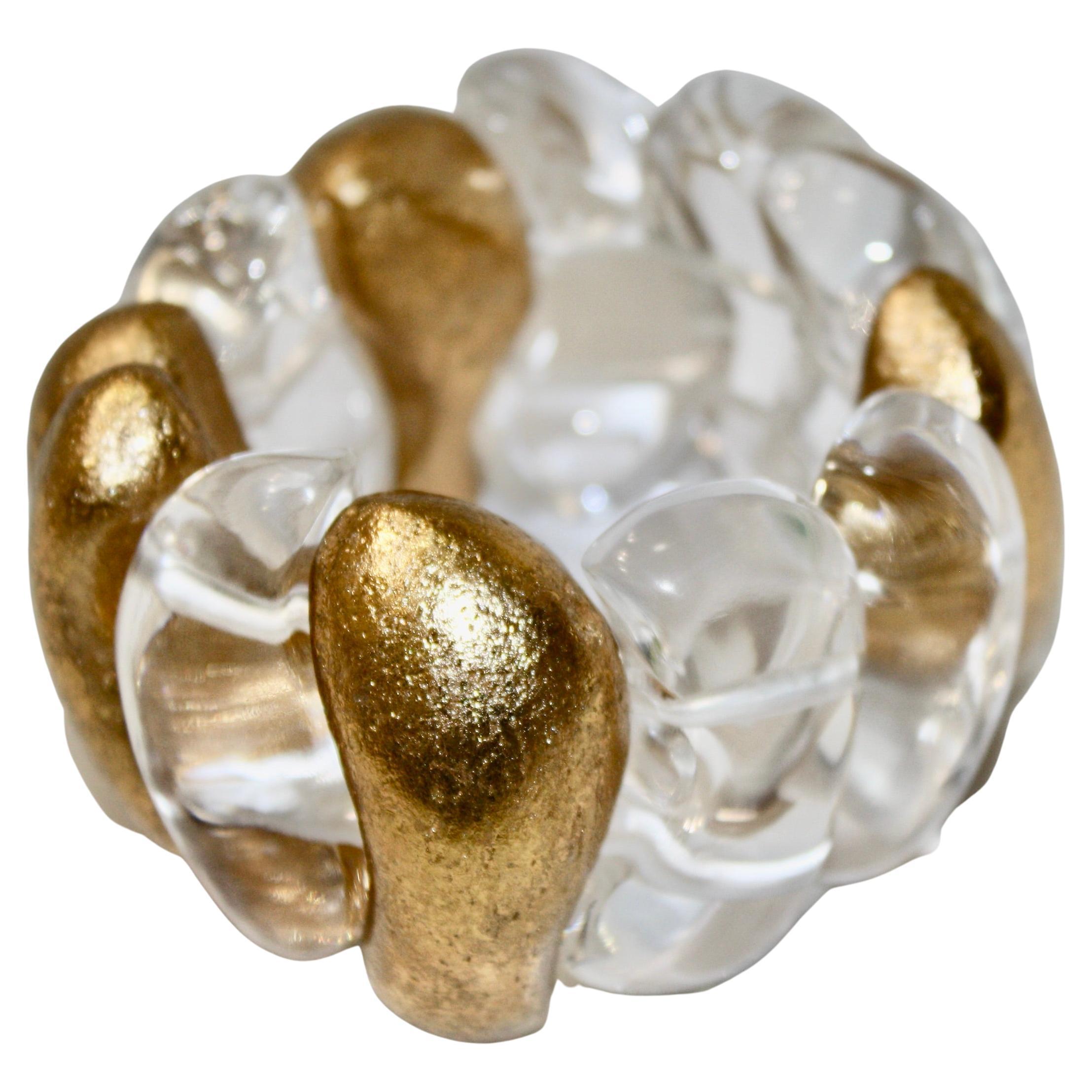 Stylish  oversized stretch bracelet by Gerda Lyngaard for Monies. Crystal clear acrylic and  acacia with gold foil application. Marked 'Monies' on a link . Size is expendable.