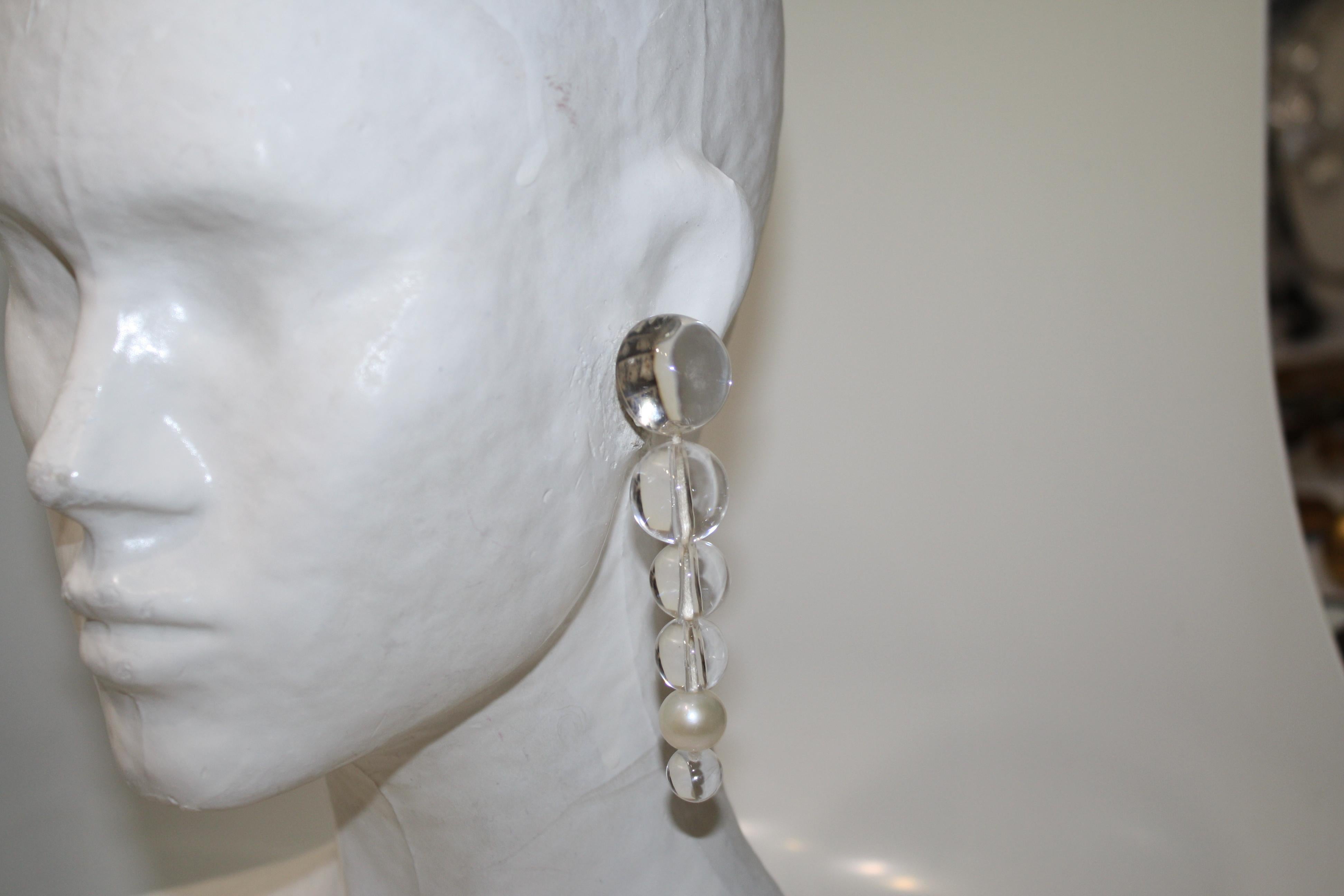 Clip earrings with acrylic beads and fresh water pearl. Silver plated brass clip.