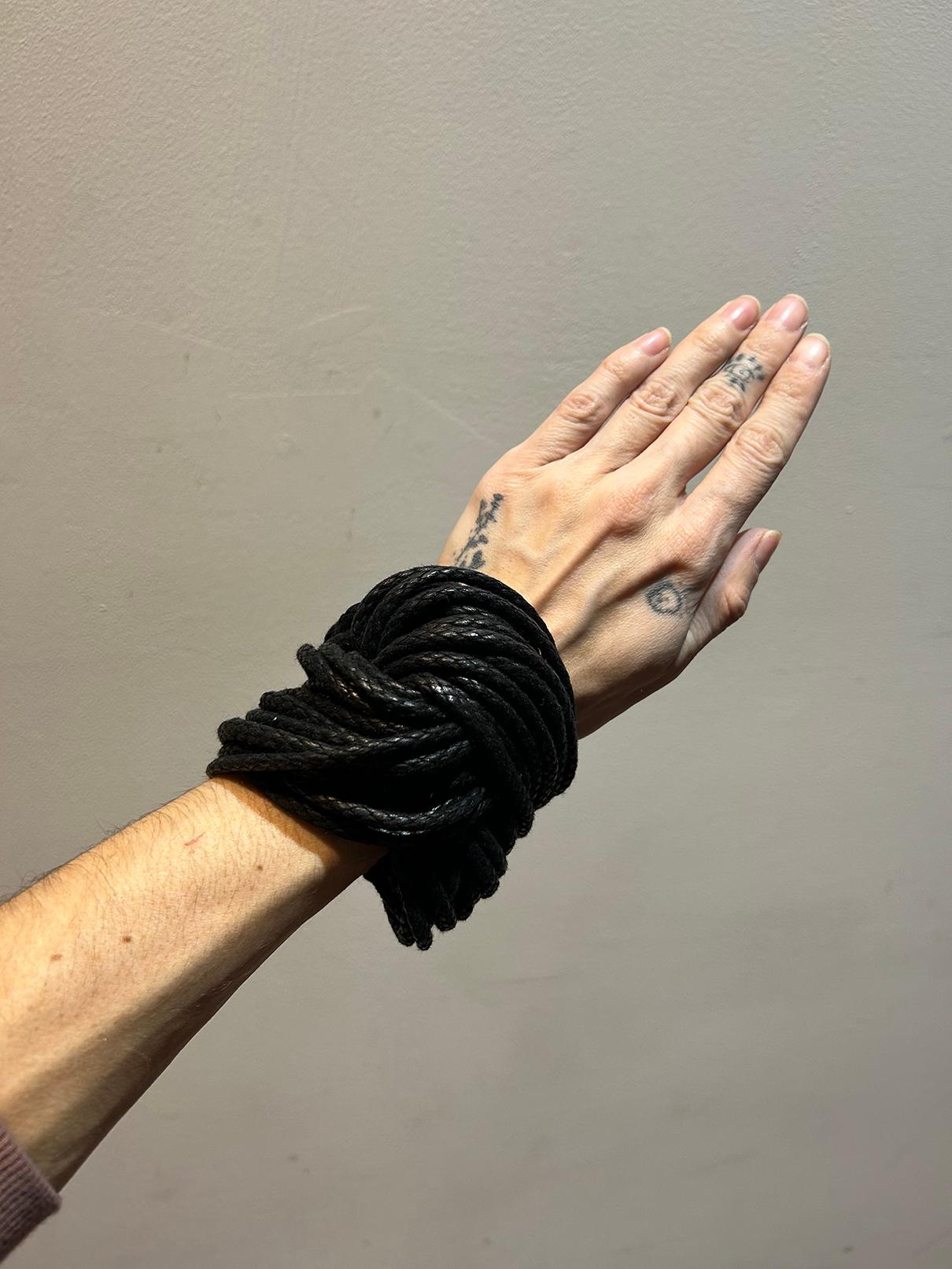 Monies Black Braided Knot Bracelet in excellent condition. Multiple black braided strands in unique chunky knot design with solid wood like ends and magnetic closure. The closure is very easy to use/put on and off and works like a dream. Timeless