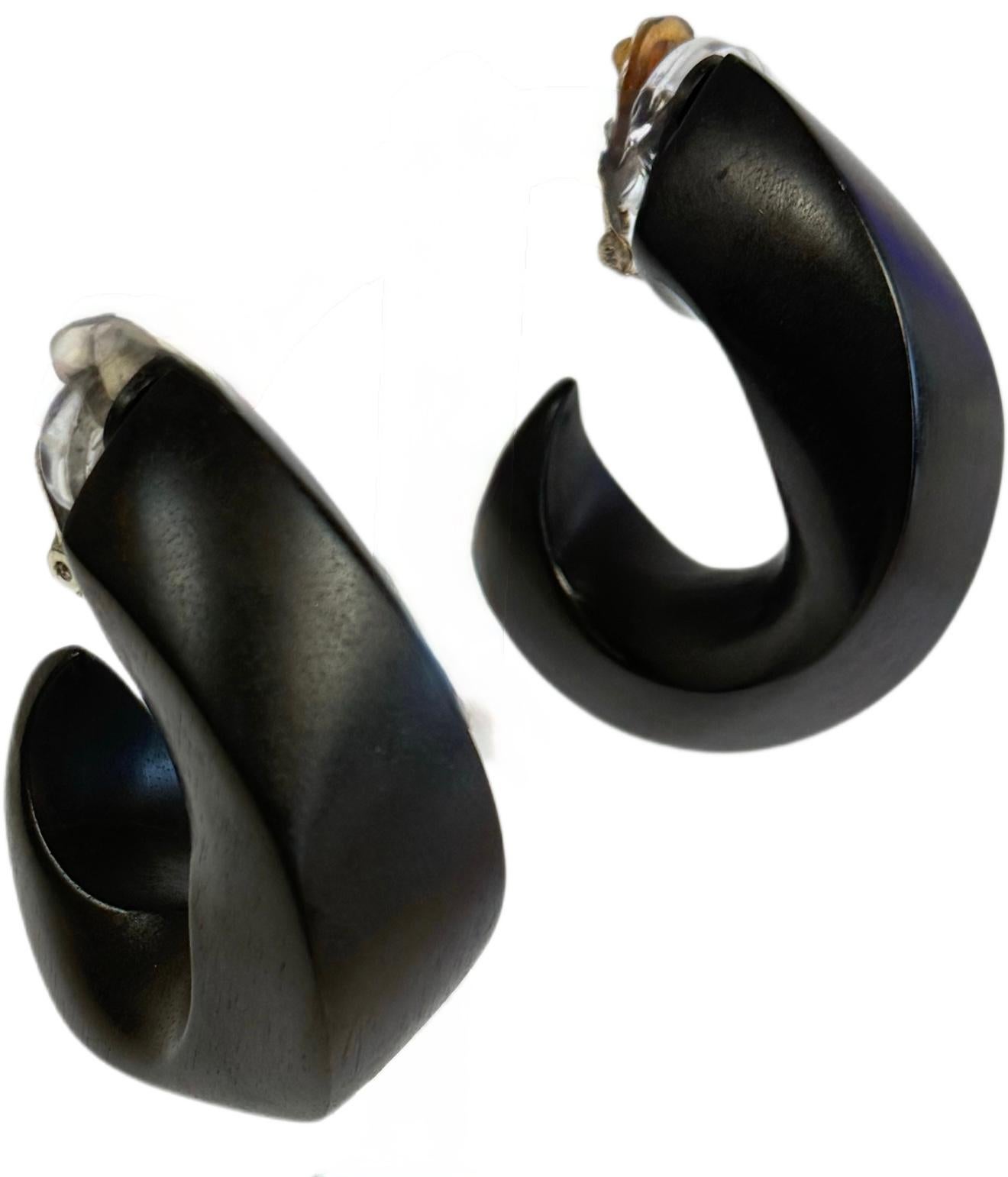 Monies Black Wood Clip-On Earrings 1980s Danish Sculptural 80s Statement Jewelry For Sale 1