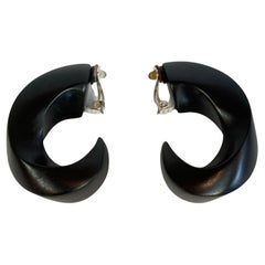 Monies Black Wood Clip-On Earrings 1980s Danish Sculptural 80s Statement Jewelry