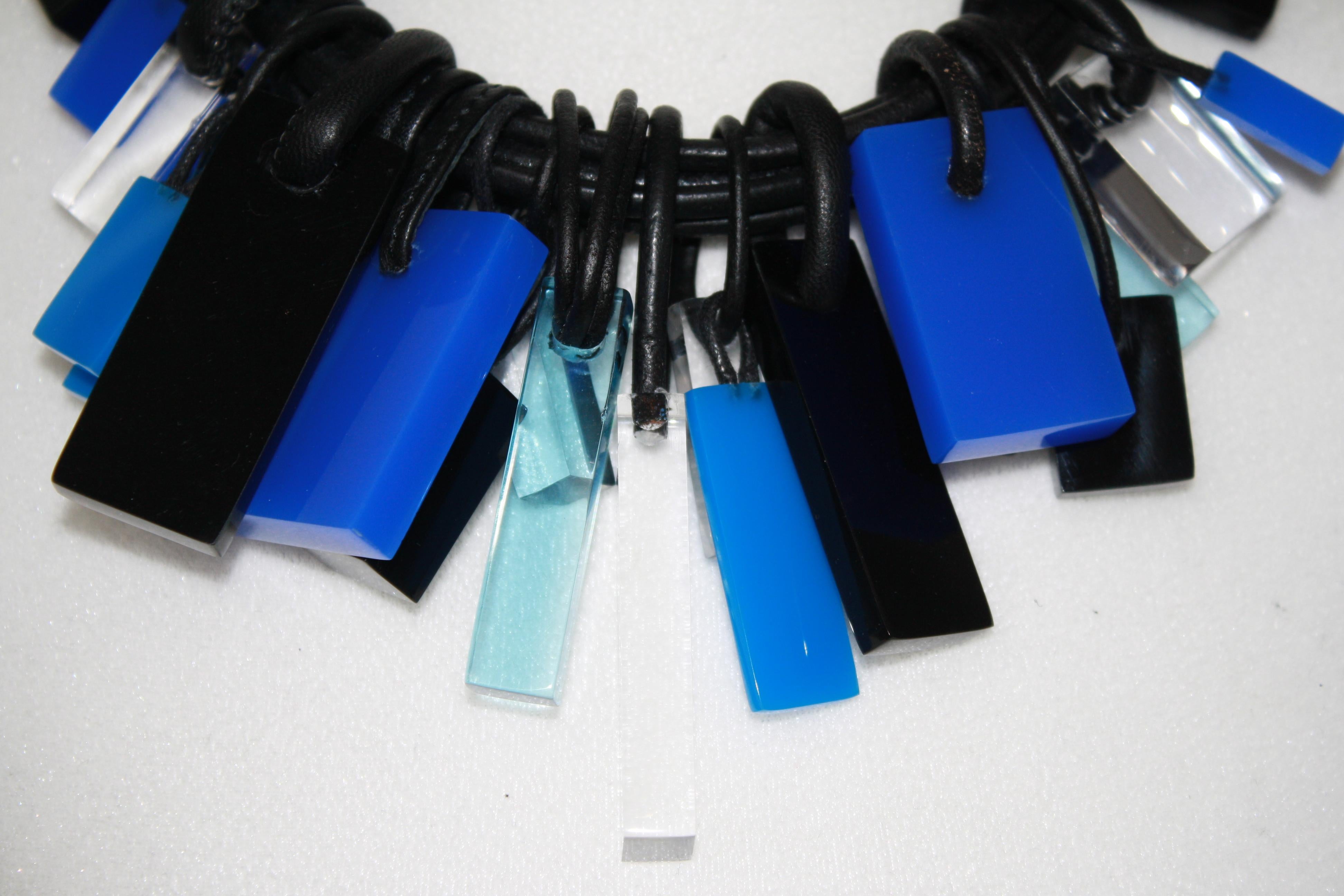 Modern Monies Blue Acrylic, Polyester and Leather Choker