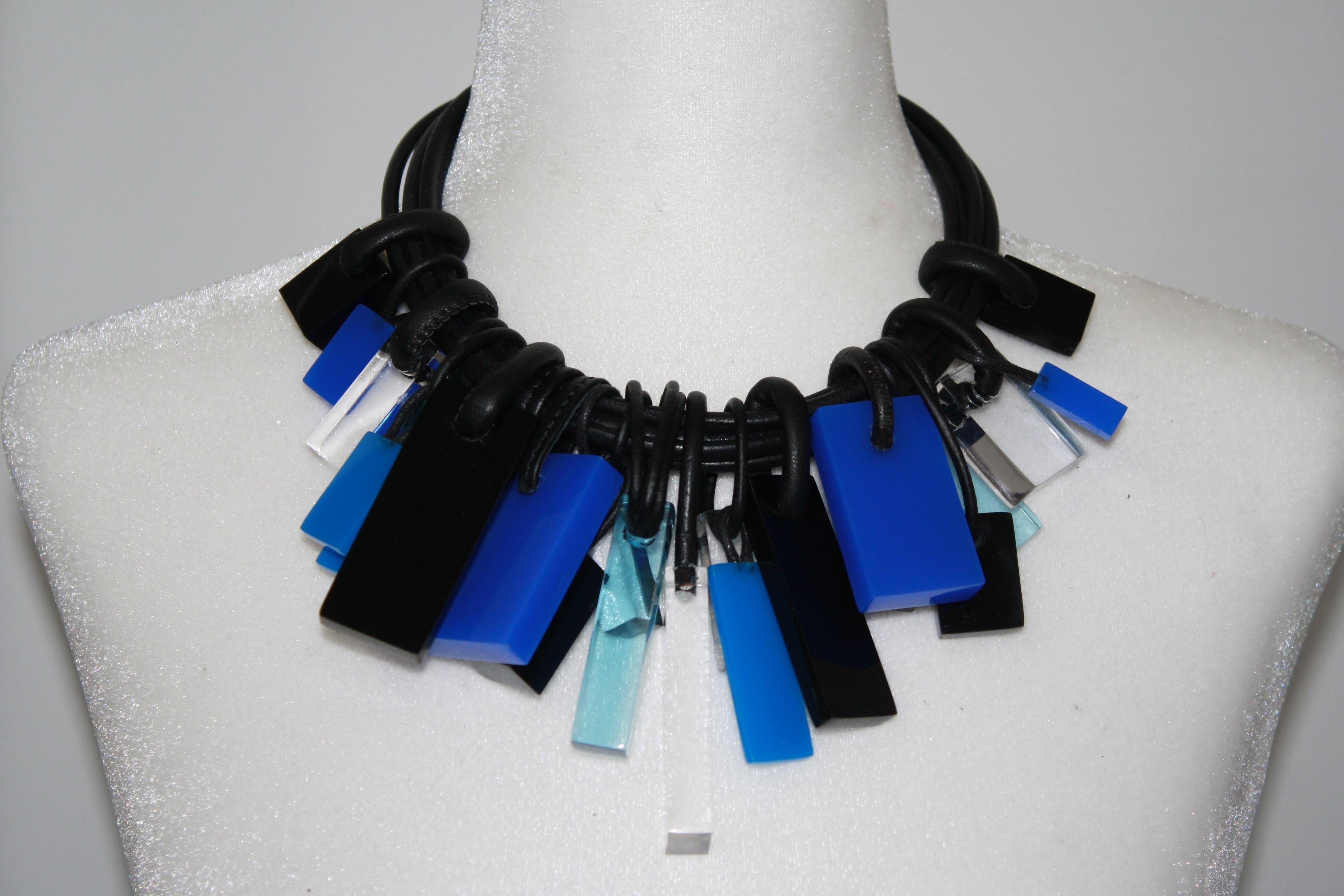 Monies Blue Acrylic, Polyester and Leather Choker 1