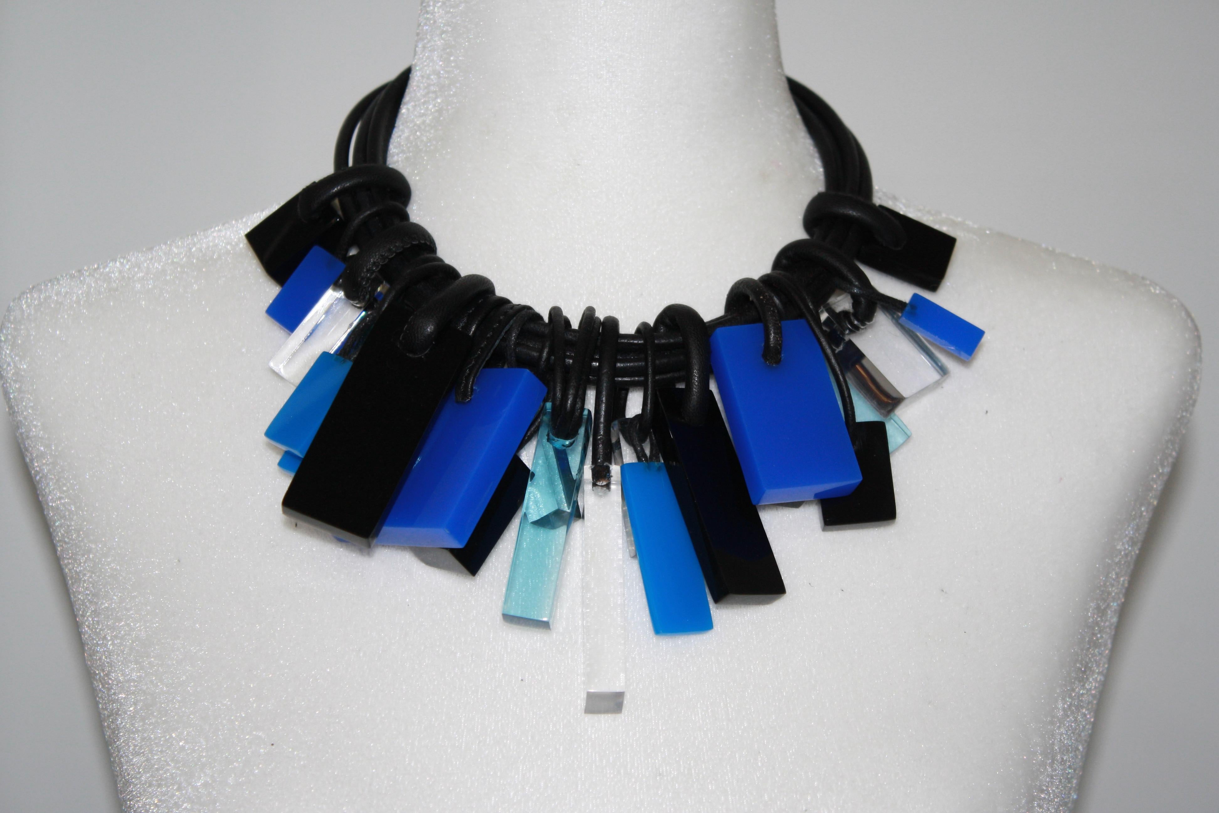 Monies Blue Acrylic, Polyester and Leather Choker 2