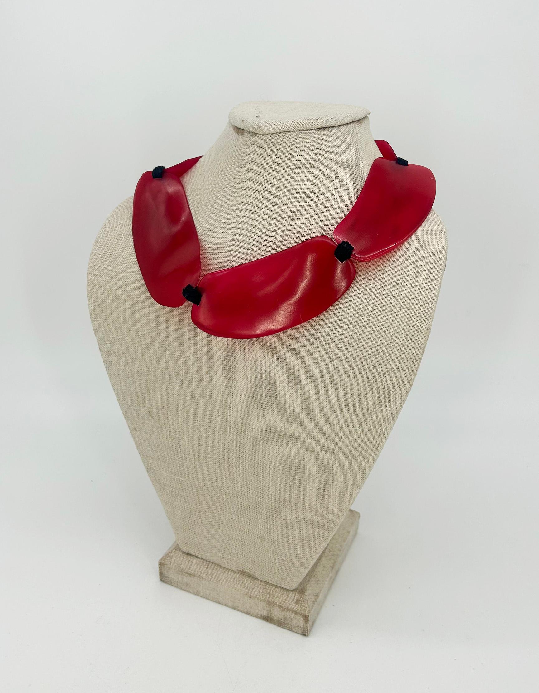 Monies Cherry Red Natural Resin Bead Black Leather Choker Necklace In Good Condition For Sale In Philadelphia, PA