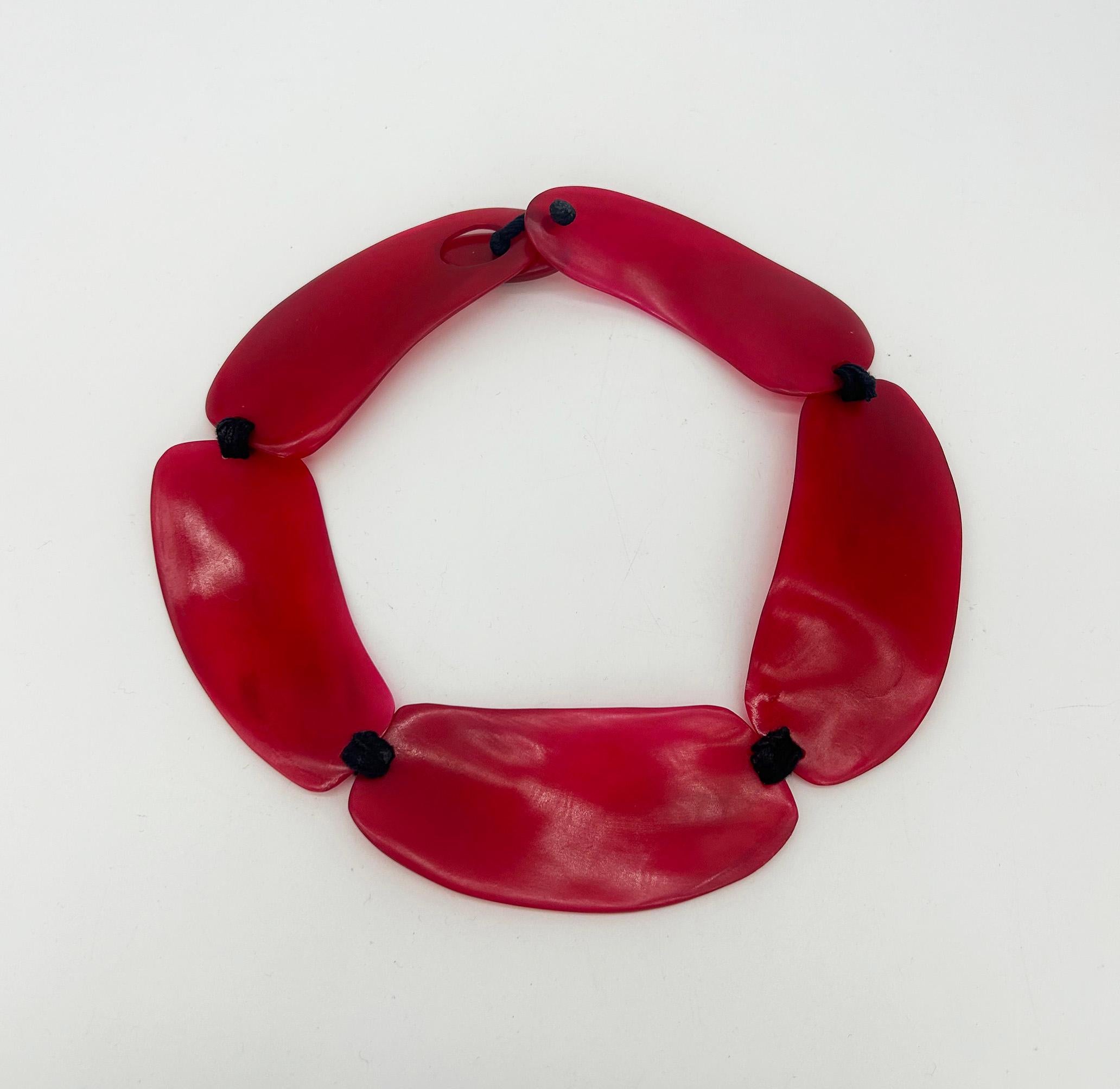 Monies Cherry Red Natural Resin Bead Black Leather Choker Necklace For Sale 3