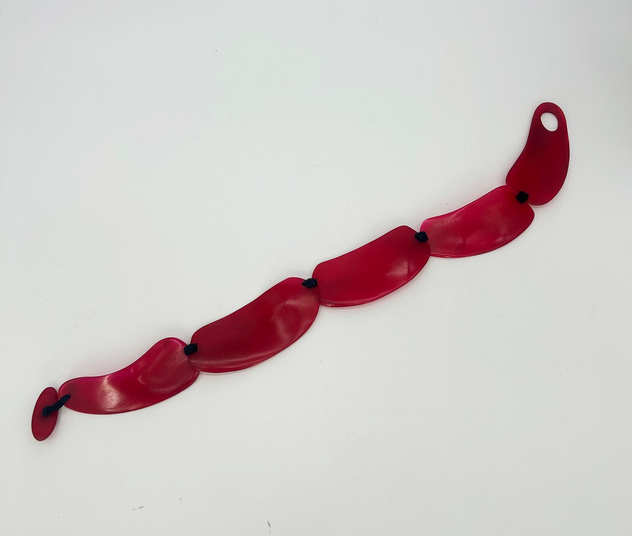 Monies Cherry Red Natural Resin Bead Black Leather Choker Necklace For Sale 5