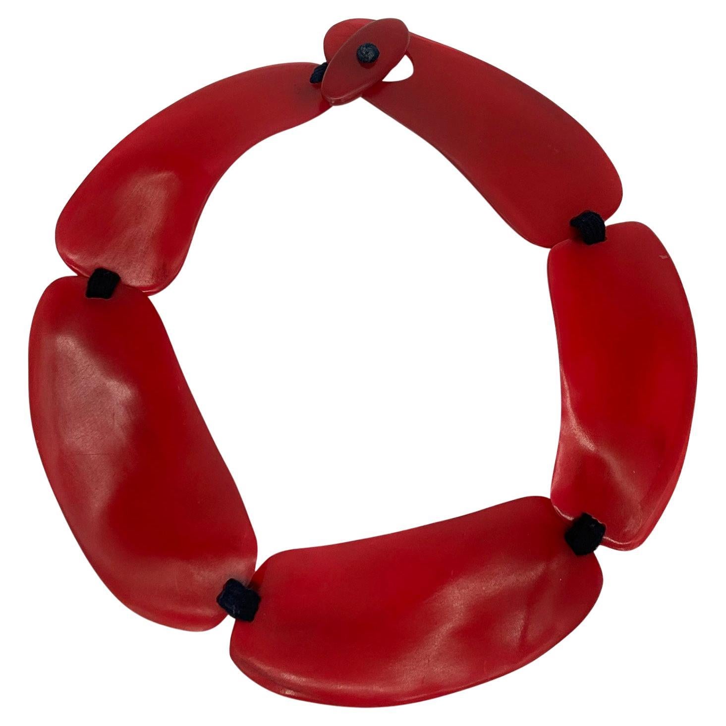 Monies Cherry Red Natural Resin Bead Black Leather Choker Necklace
