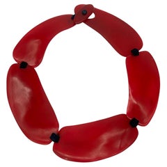 Monies Cherry Red Natural Resin Bead Black Leather Choker Necklace