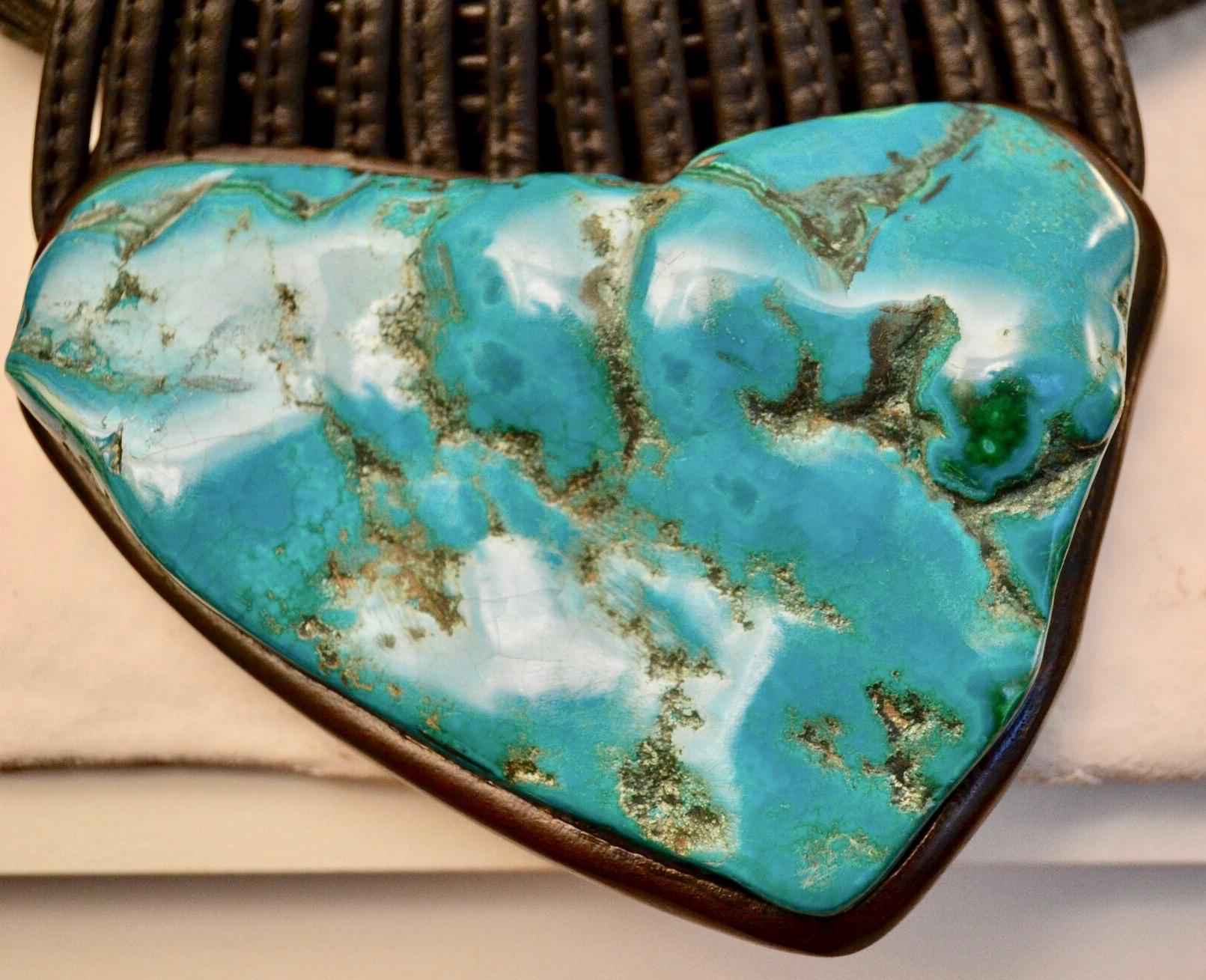 Monies Chrysocolla Stone, Ebony Wood, and Leather One of a Kind Choker Necklace In New Condition In Virginia Beach, VA