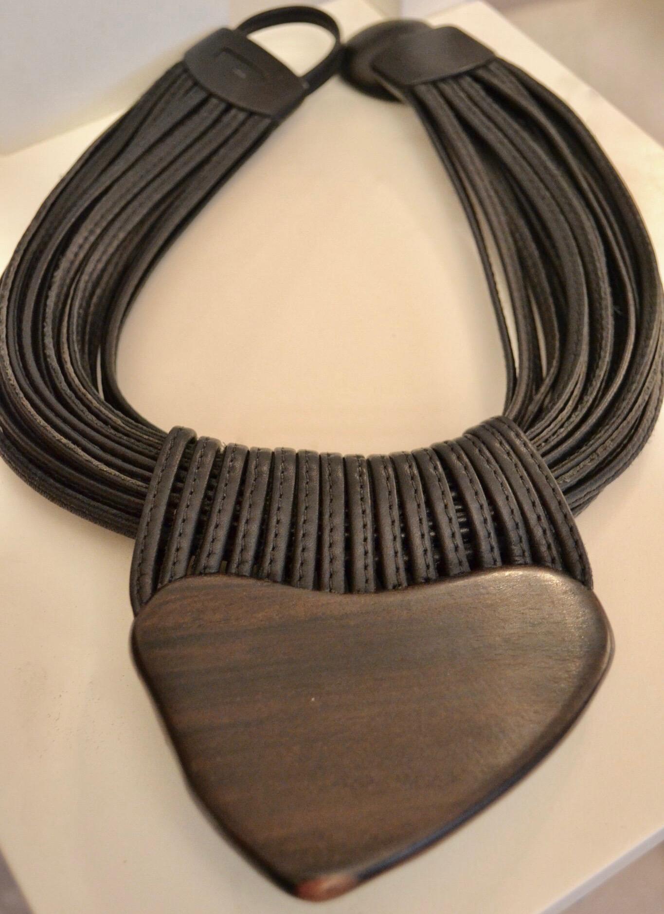 Women's Monies Chrysocolla Stone, Ebony Wood, and Leather One of a Kind Choker Necklace