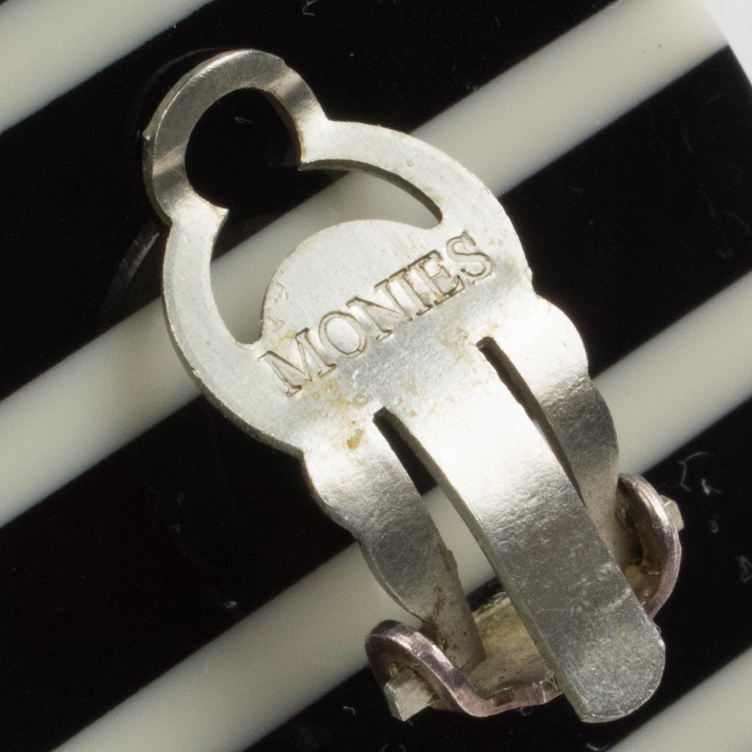 Modernist Monies Clip Earrings Black and White Striped Resin