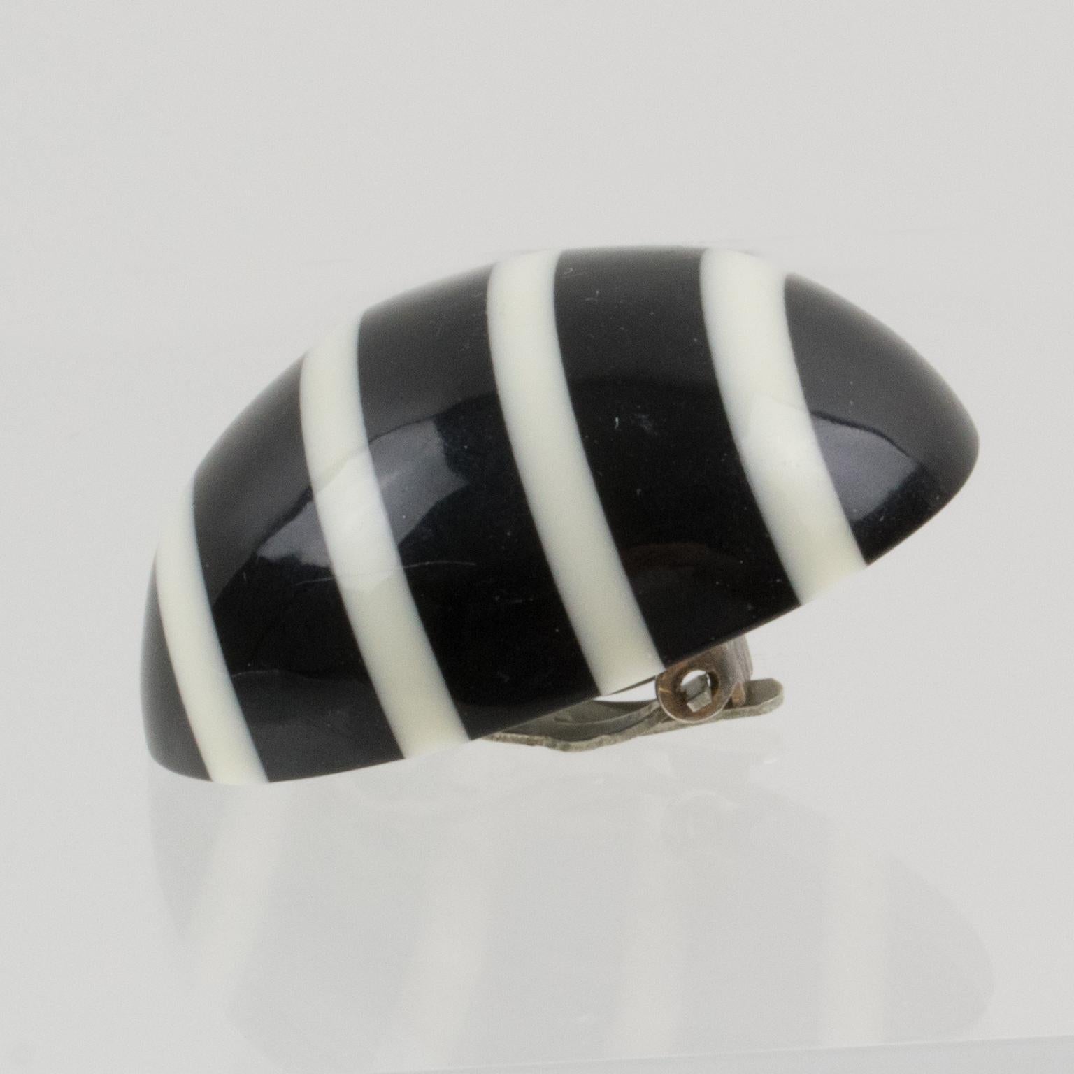 Monies Clip Earrings Black and White Striped Resin In Excellent Condition In Atlanta, GA