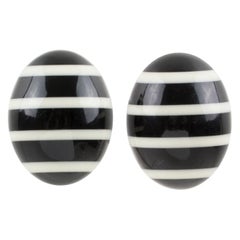 Monies Clip Earrings Black and White Striped Resin