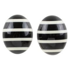 Monies Clip Earrings Black and White Striped Resin