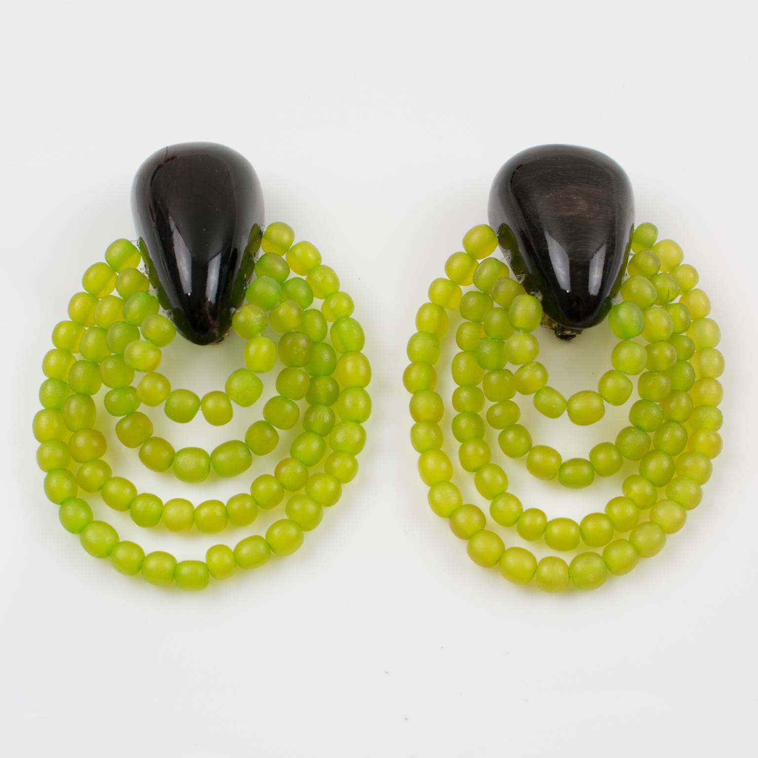 Modernist Monies Clip Earrings Resin and Green Glass Beads