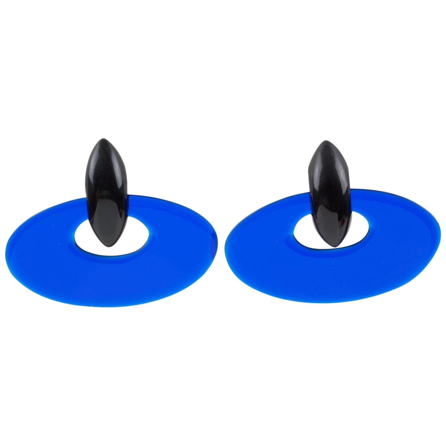 Monies Dangle Clip Earrings Ebony Wood and Blue Resin (Boucles d'oreilles pendantes à clip) en vente