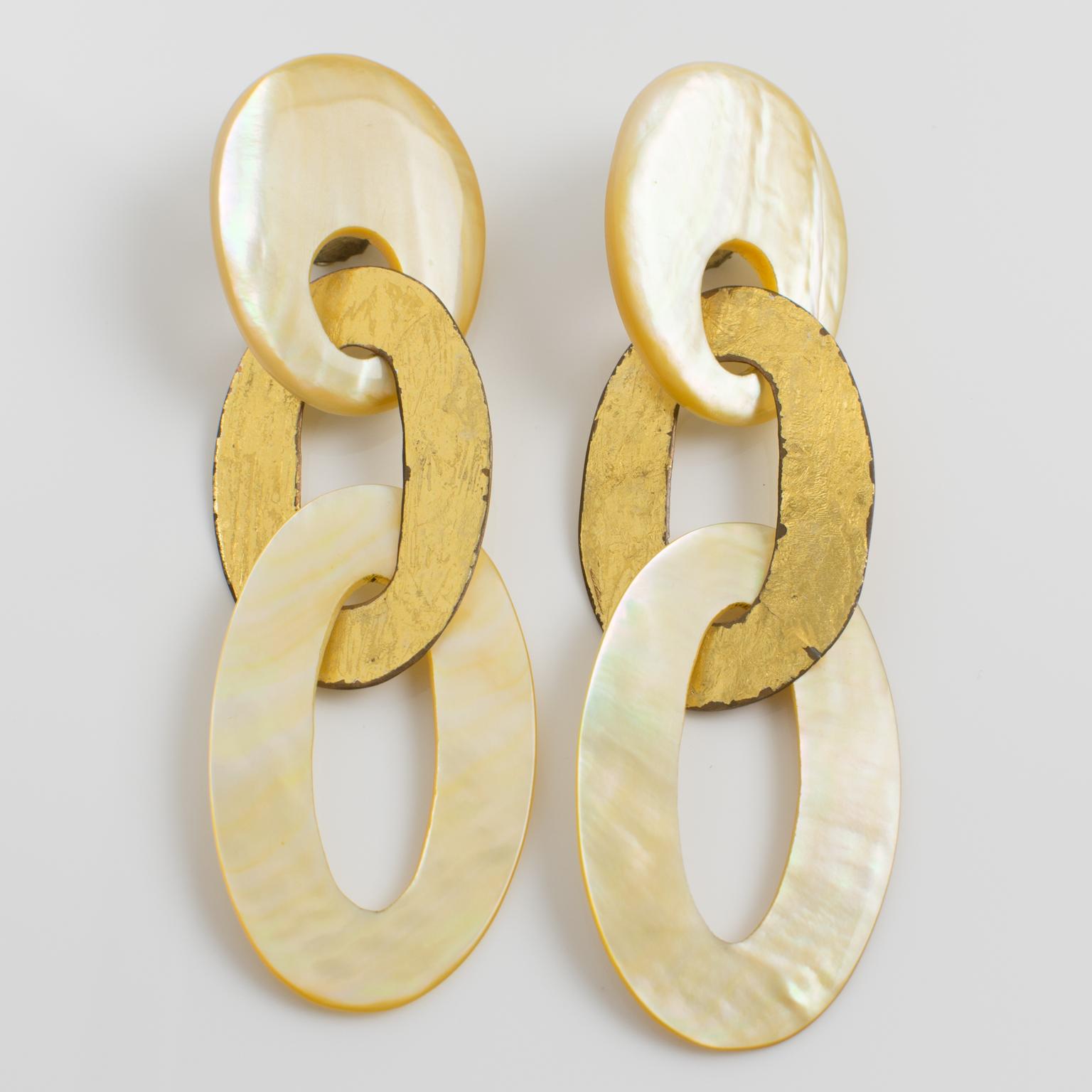 Modernist Monies Dangle Clip Earrings Gold Foil Mother of Pearl