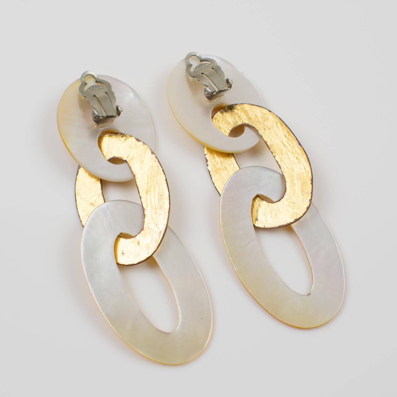 Monies Dangle Clip Earrings Gold Foil Mother of Pearl In Excellent Condition In Atlanta, GA