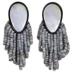 Monies Dangle Clip Earrings Mother of Pearl and Black Resin