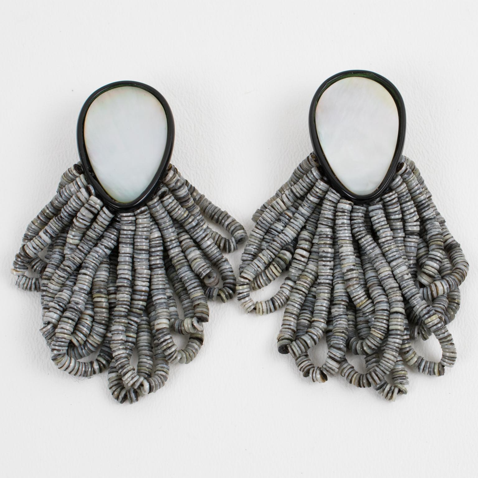 Modernist Monies Dangle Clip Earrings SeaShell and Black Resin