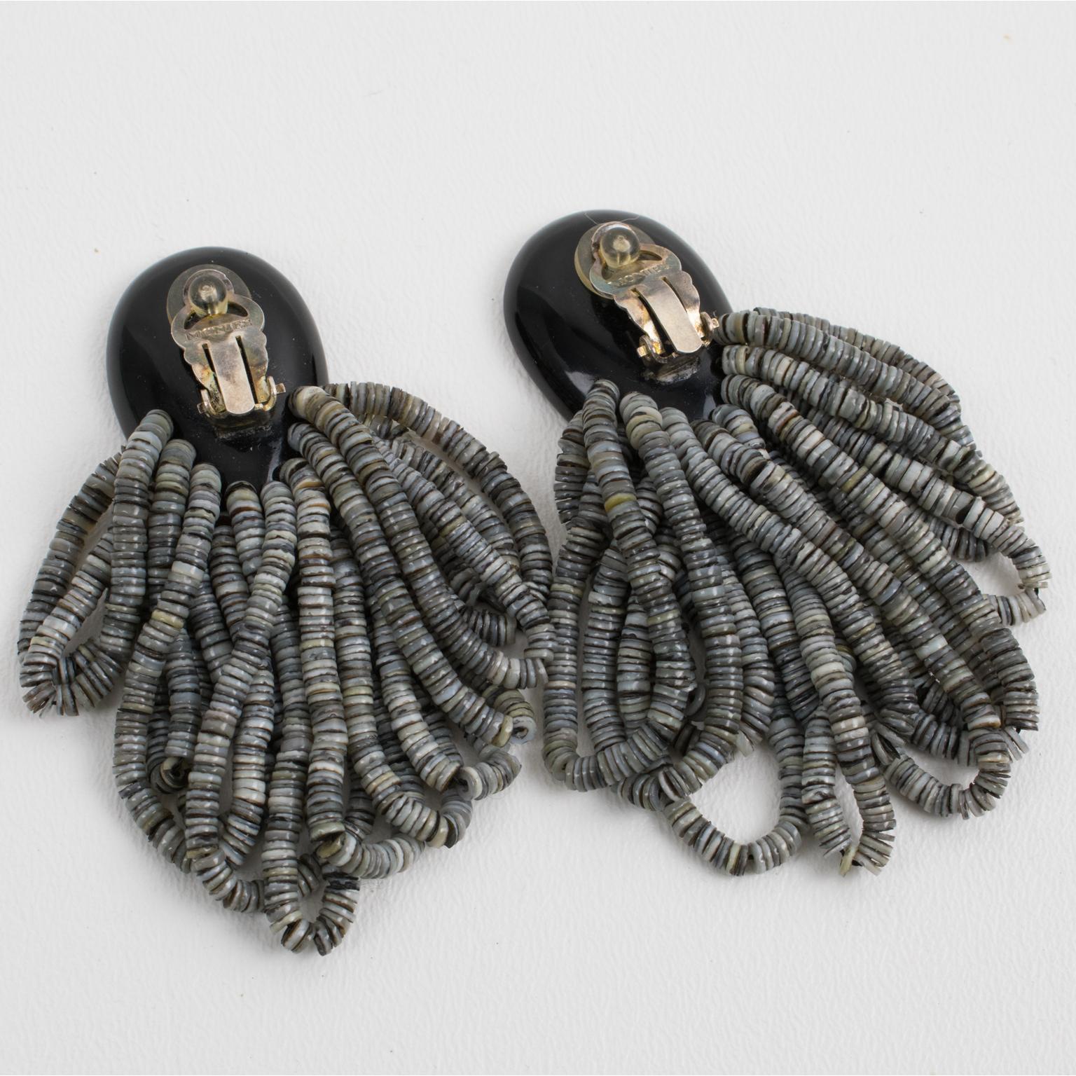 Monies Dangle Clip Earrings SeaShell and Black Resin In Excellent Condition In Atlanta, GA