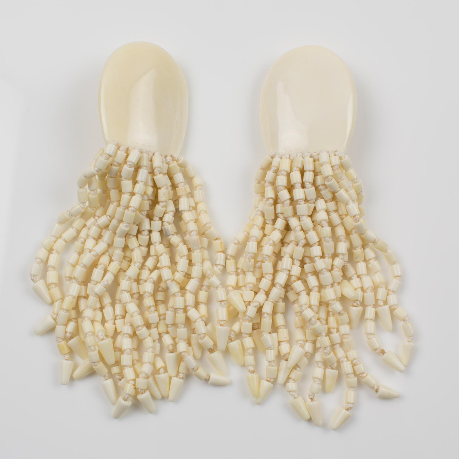 Modernist Monies Dangle White Bone Clip Earrings 