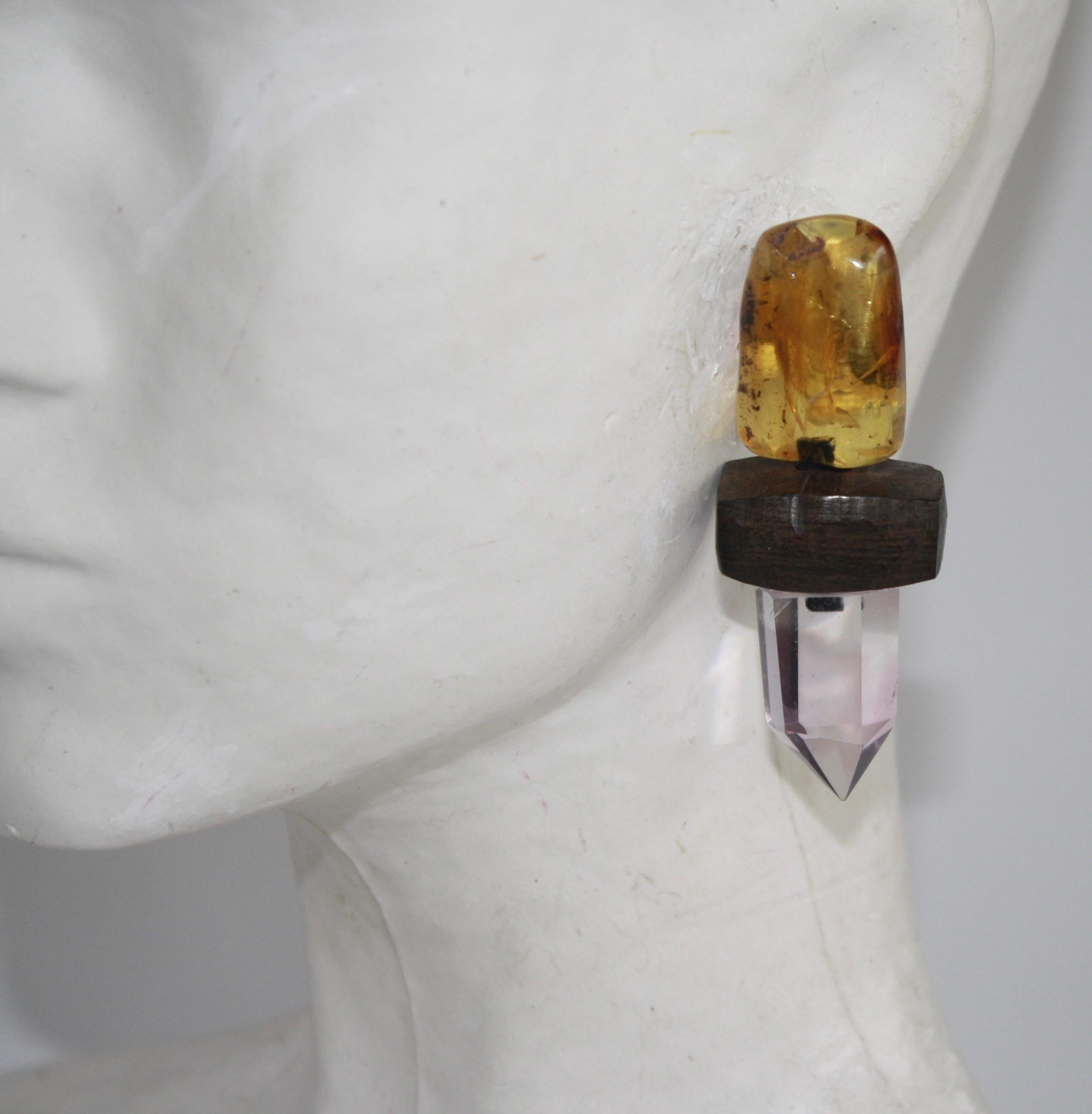 Danish amber, amethyst, and ebony wood clip earrings from Monies Denmark. 