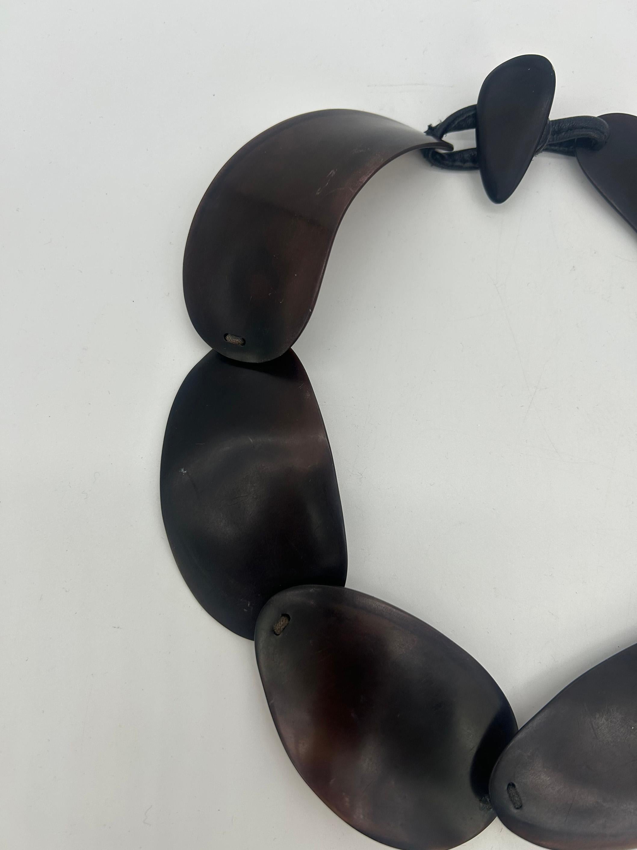 Women's Monies Dark Brown Black Natural Resin Bead Leather Choker Necklace For Sale
