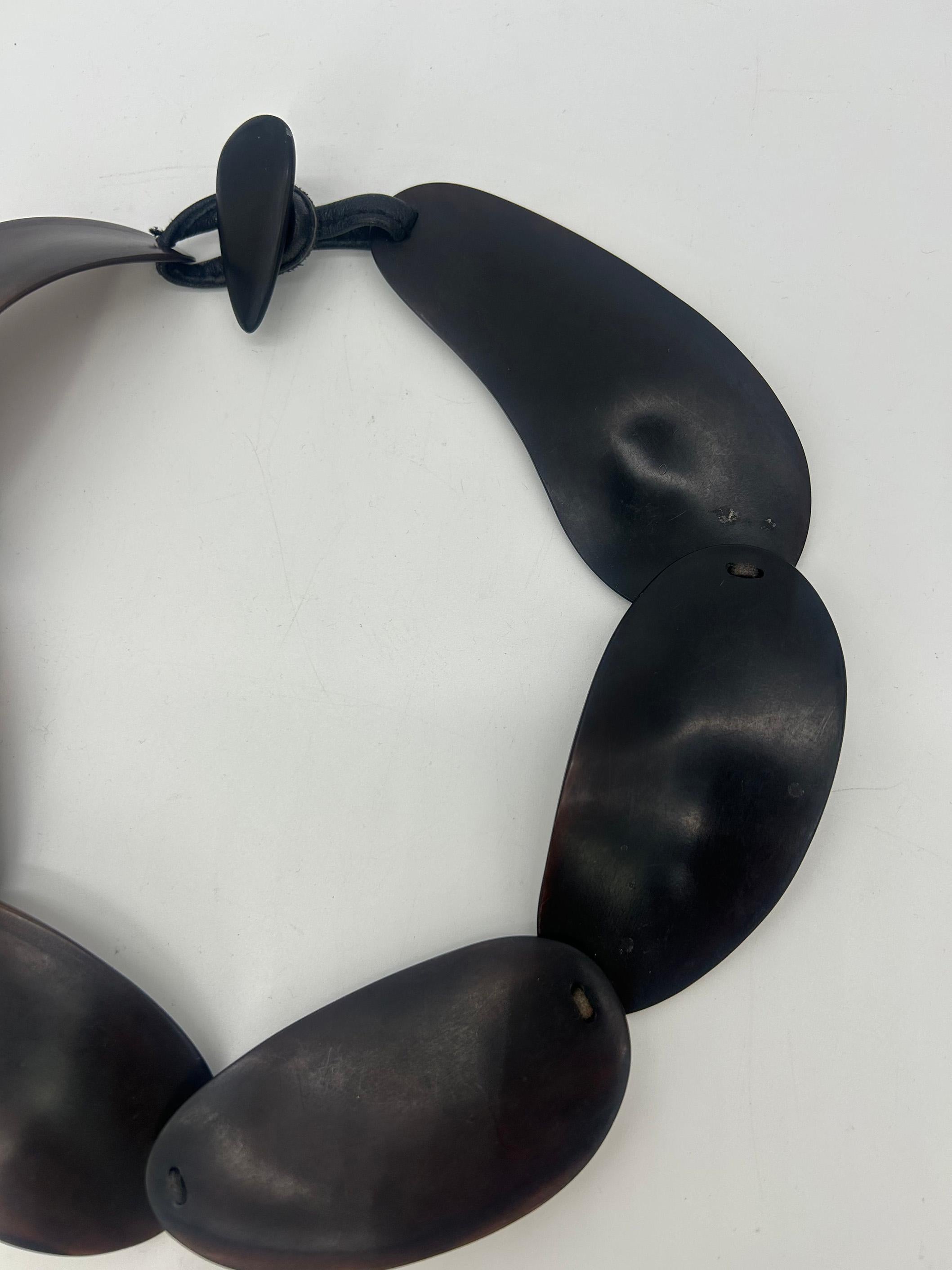 Monies Dark Brown Black Natural Resin Bead Leather Choker Necklace For Sale 1