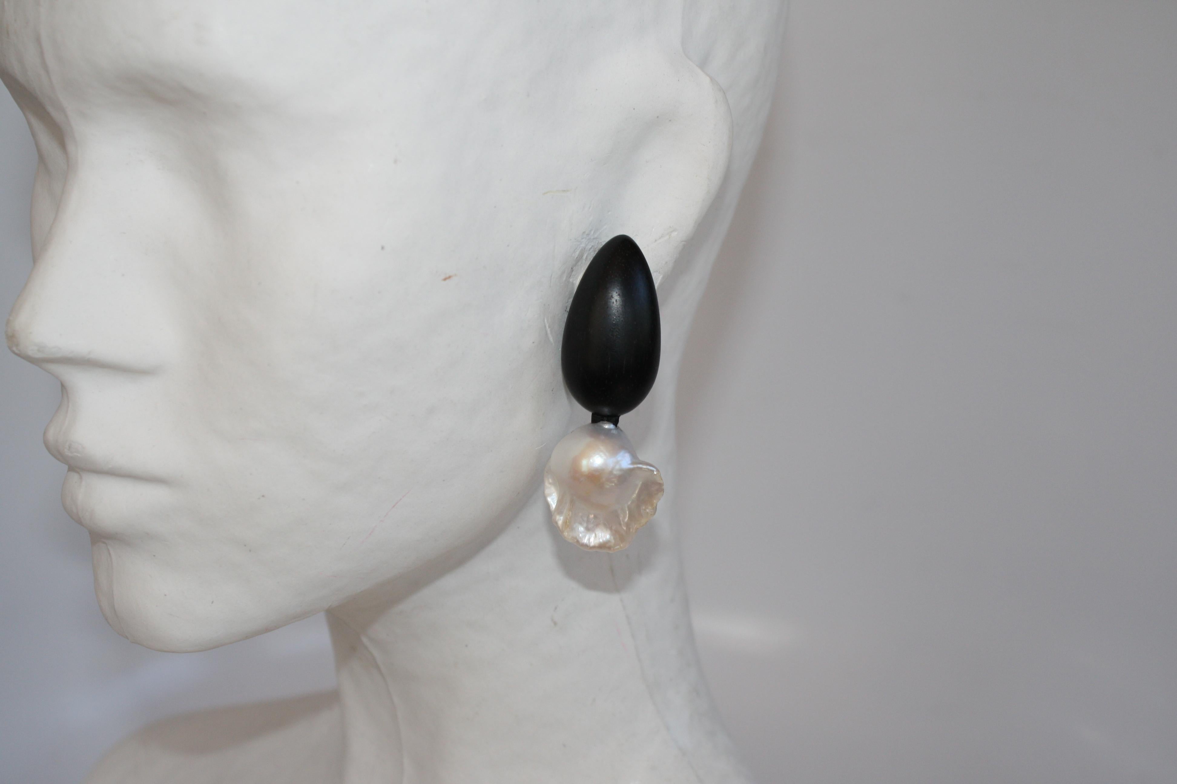 Women's Monies Ebony and Freshwater Baroque Pearl Clip Earrings
