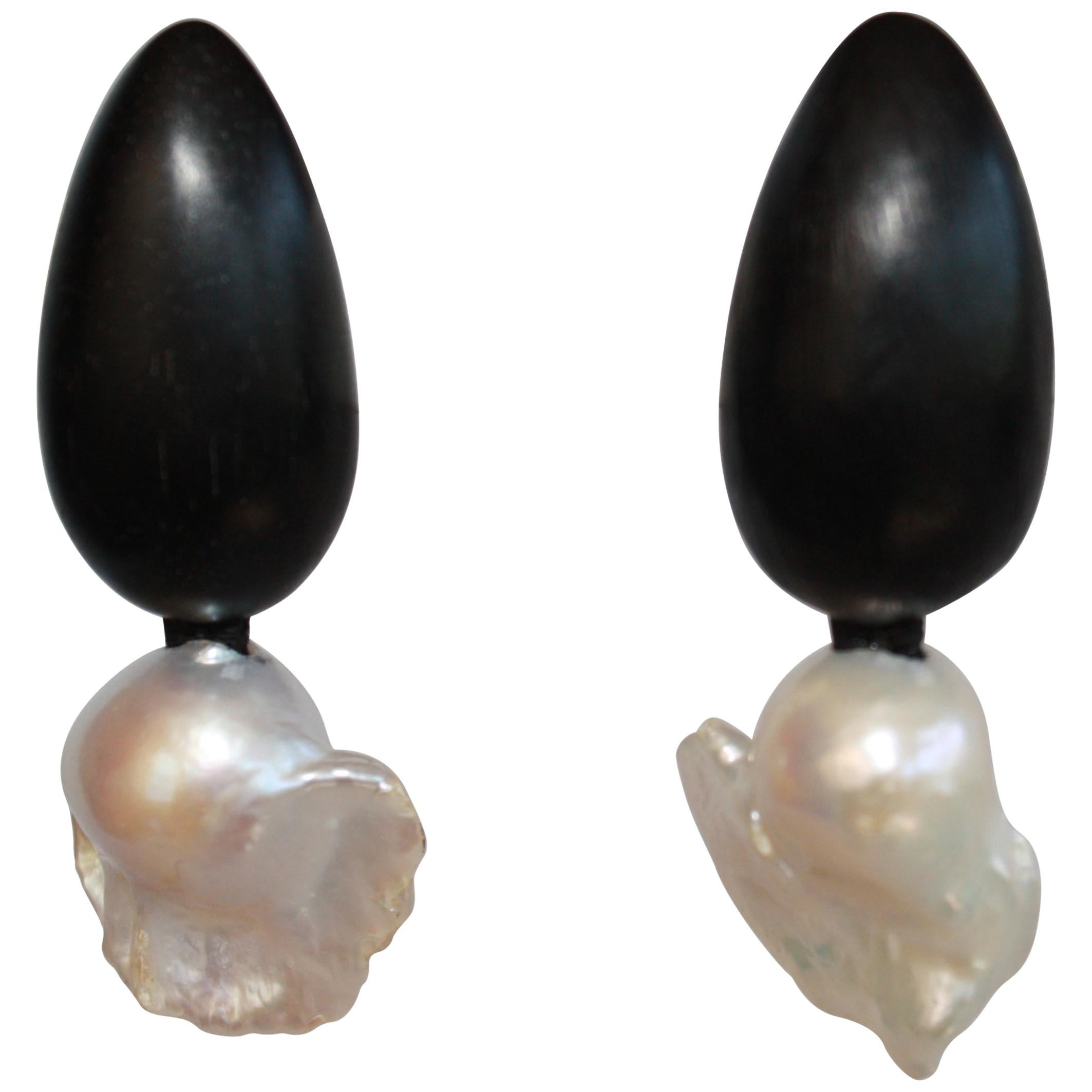 Monies Ebony and Freshwater Baroque Pearl Clip Earrings