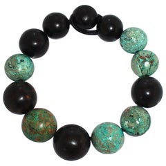 Monies Ebony Wood and Turquoise Domed Ball Necklace