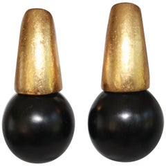 Monies Ebony Wood Ball and Gold Leaf Clip Earrings