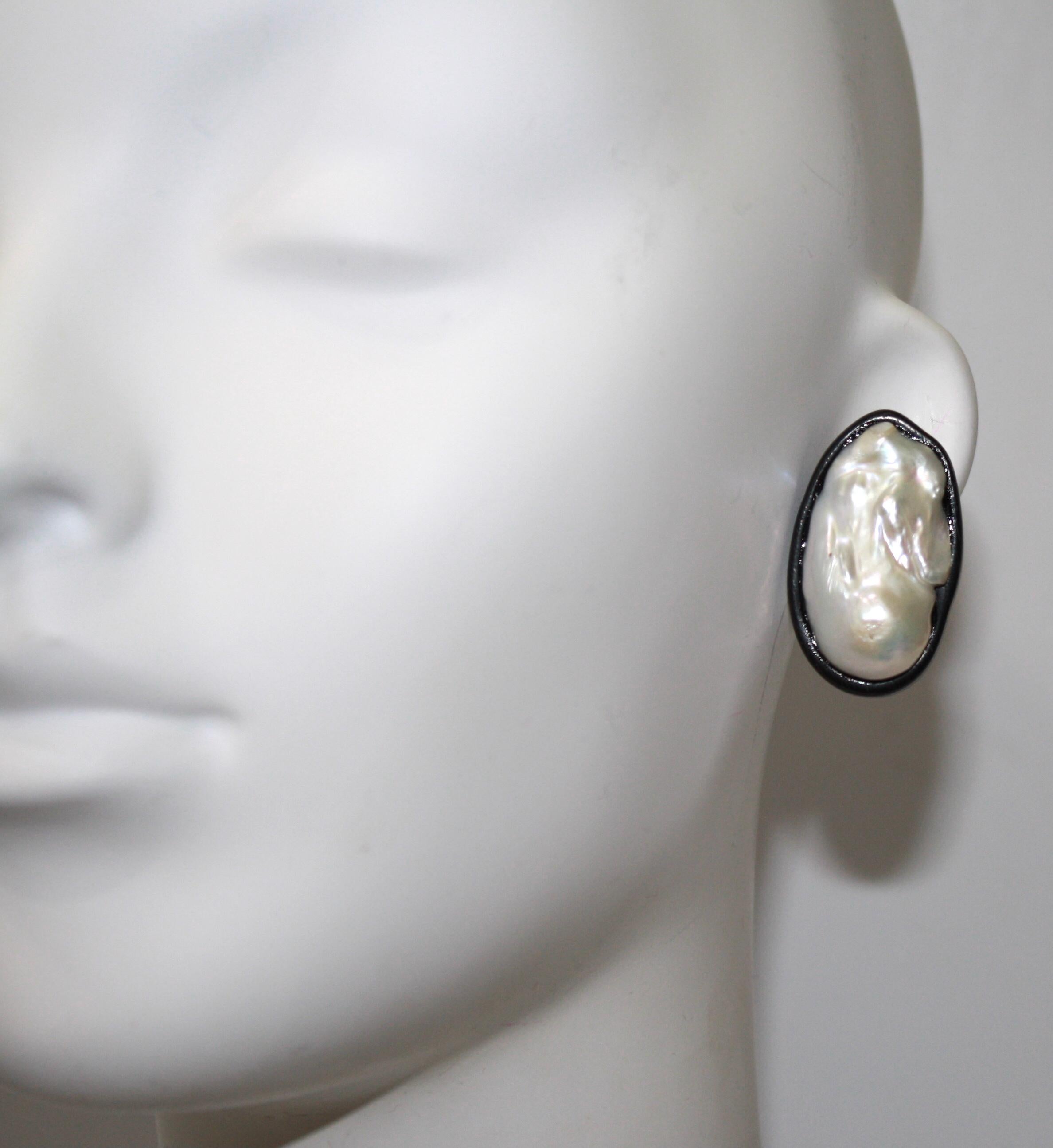 Rough Cut Monies Freshwater Pearl and Ebony Clip Earrings 