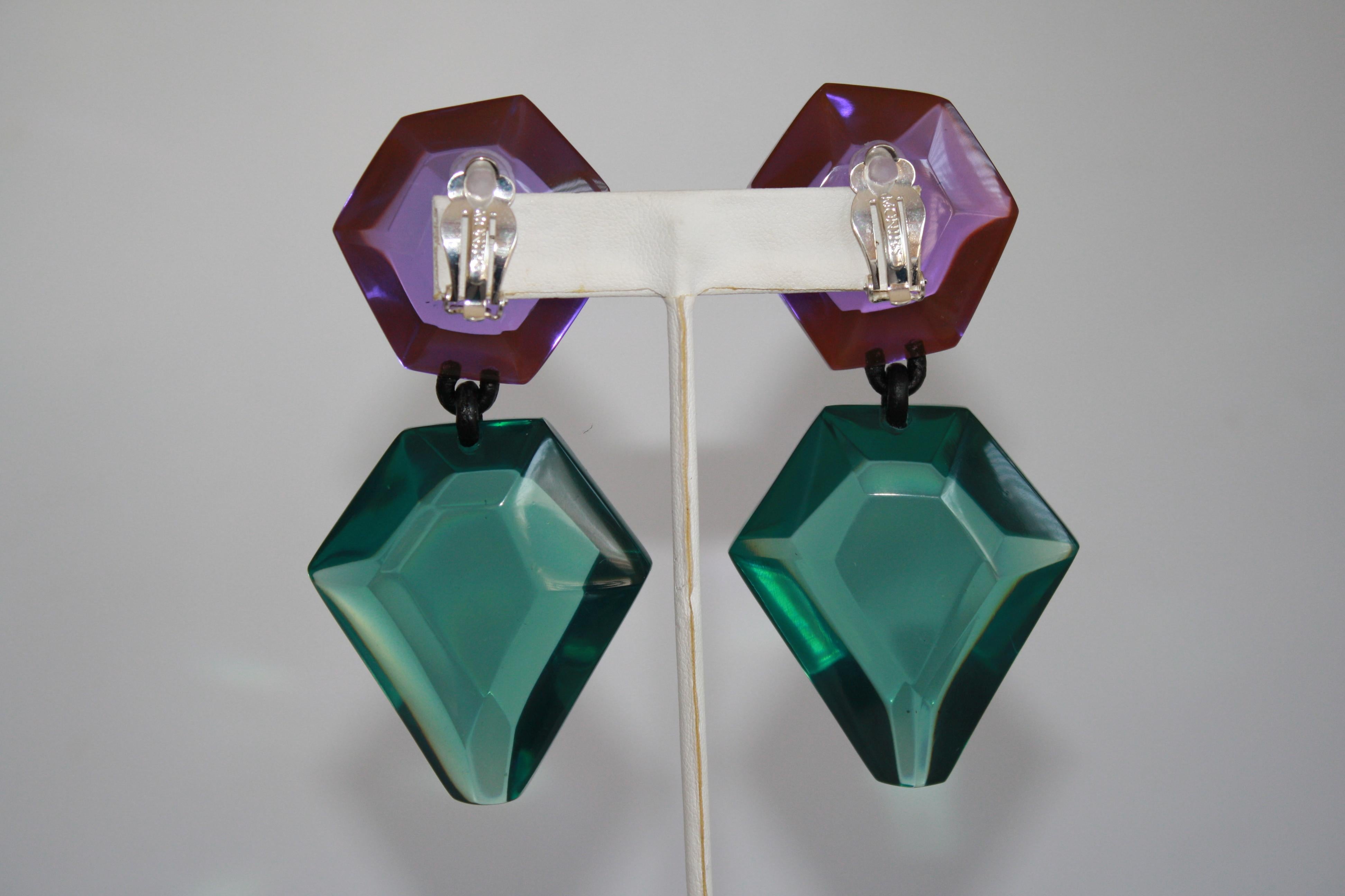 Monies Green and Purple Polyester Clip Earrings In New Condition In Virginia Beach, VA