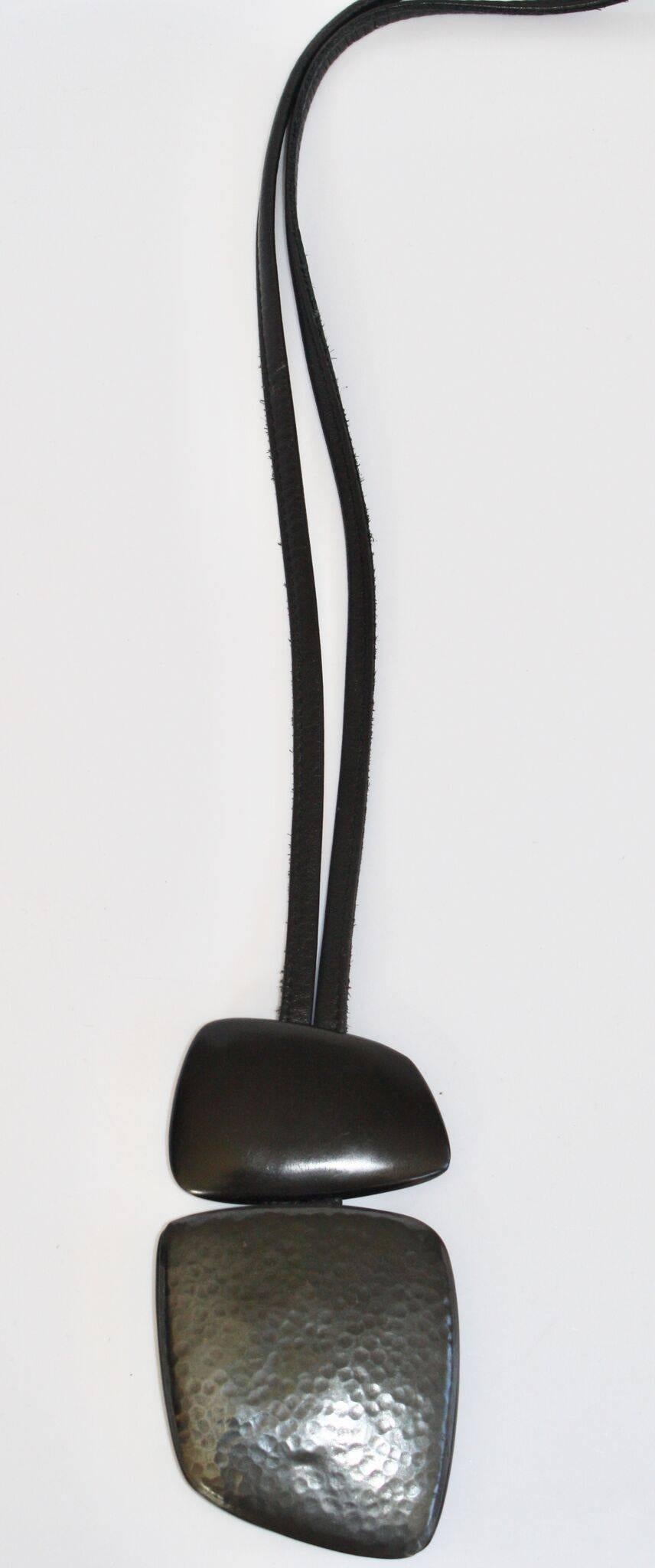Monies Leather, Ebony Wood and Oxidized Copper Necklace In New Condition In Virginia Beach, VA