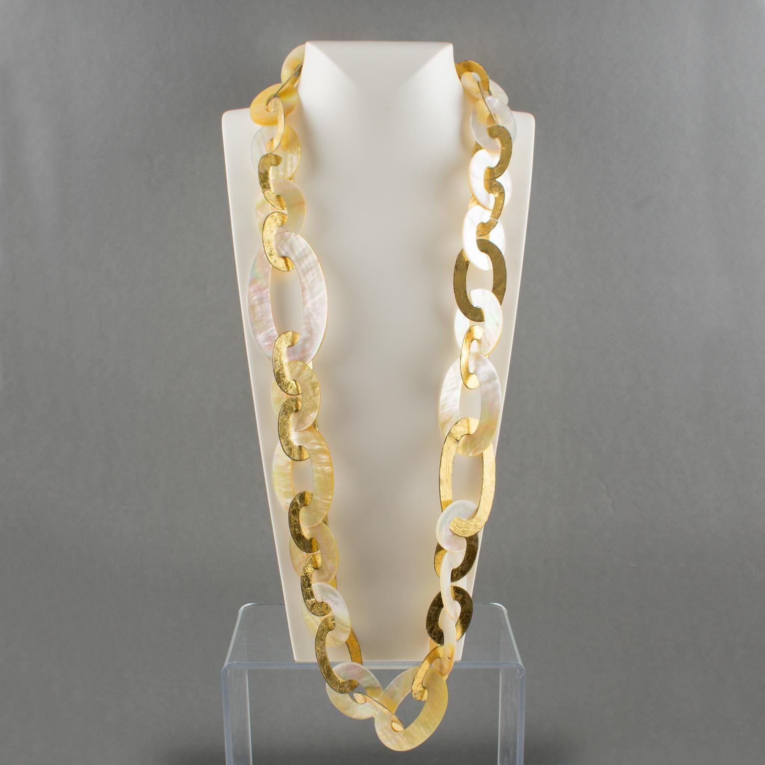 Women's or Men's Monies Long Chain Necklace Gilt Metal and Seashell For Sale