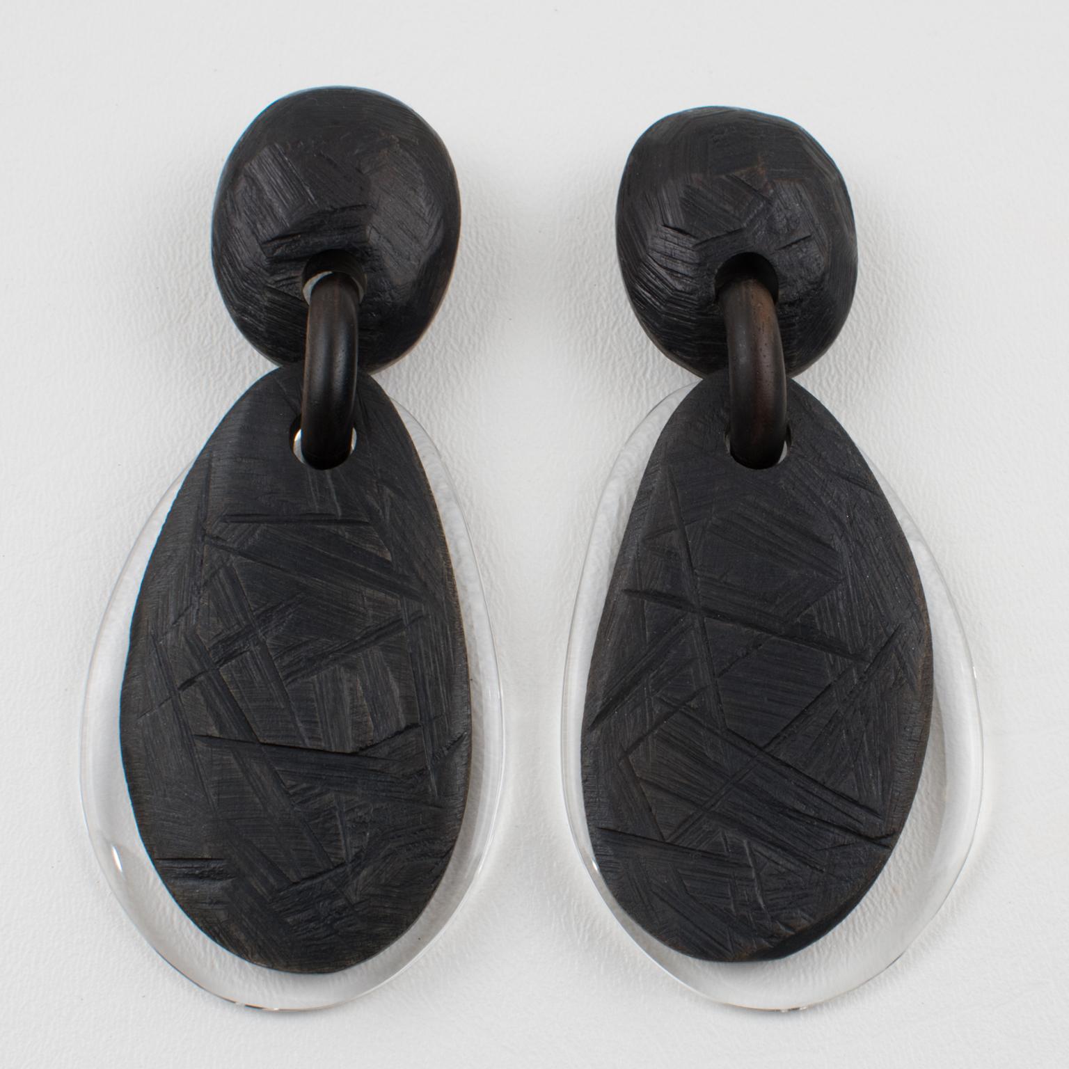 Modernist Monies Massive Dangle Clip Earrings Acrylic and Ebony Wood For Sale