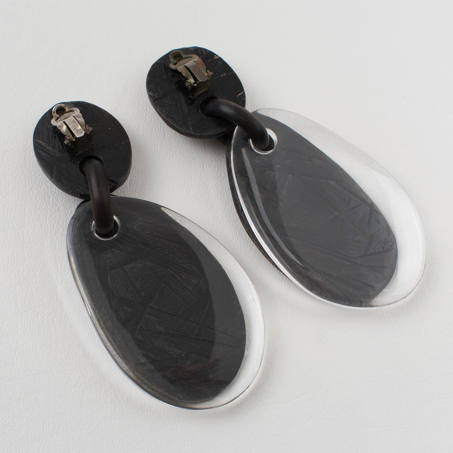Monies Massive Dangle Clip Earrings Acrylic and Ebony Wood In Excellent Condition For Sale In Atlanta, GA