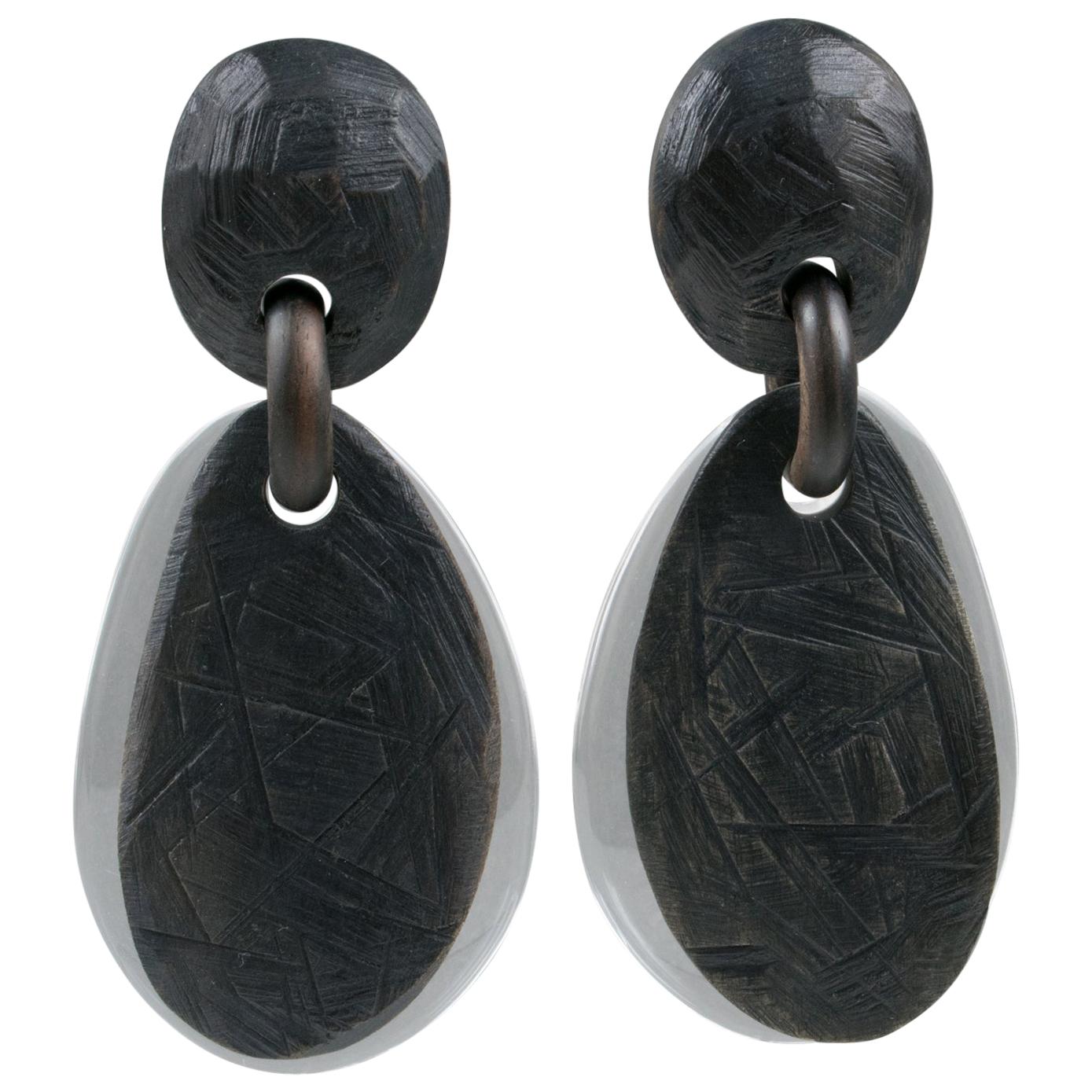 Monies Massive Dangle Clip Earrings Acrylic and Ebony Wood For Sale