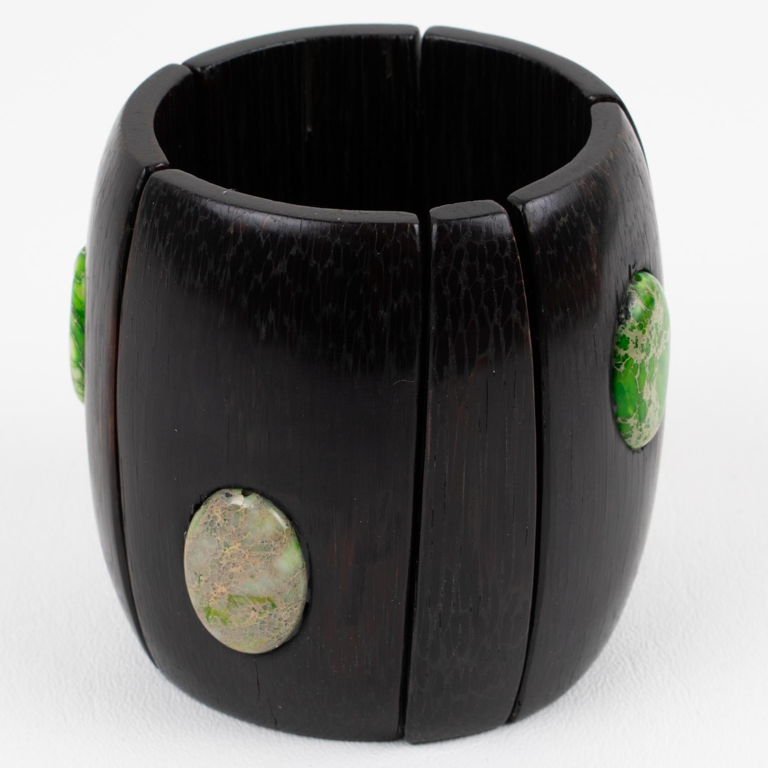 Monies Massive Ebony Wood and Stone Cabochons Stretch Bracelet Bangle For Sale 2