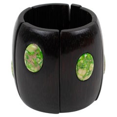 Monies Massive Ebony Wood and Stone Cabochons Stretch Bracelet Bangle