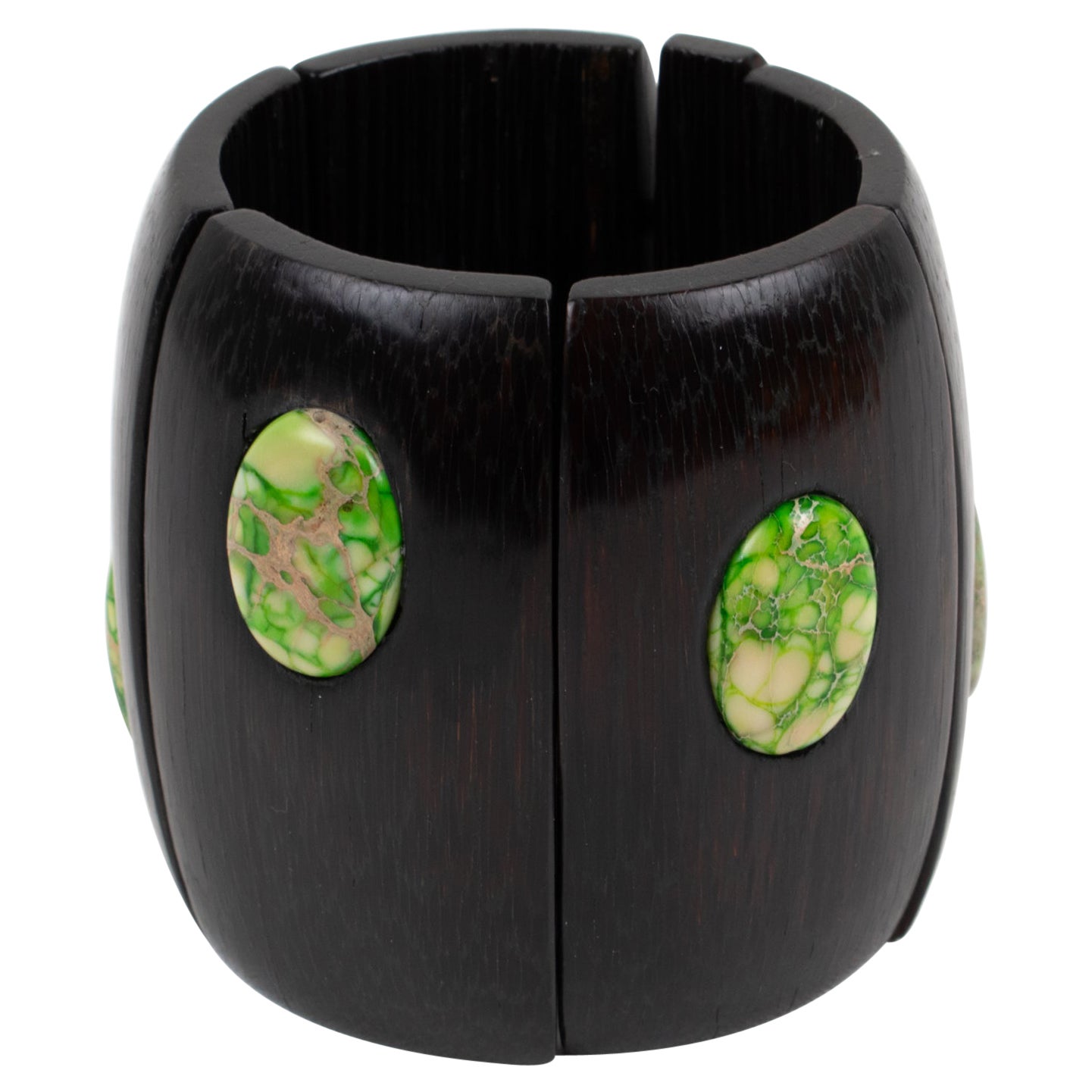 Monies Stretch-Armreif aus massivem Ebenholz, Holz und Stein mit Cabochons im Angebot