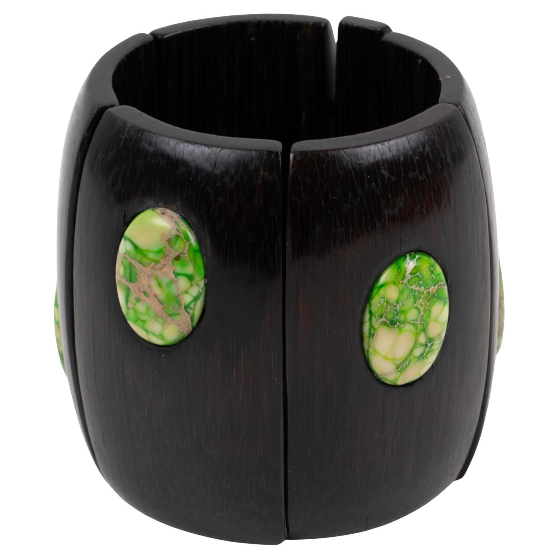 Monies Massive Ebony Wood e Cabochons Stone Bracciale Stretch Bangle