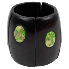 Monies Massive Ebony Wood e Cabochons Stone Bracciale Stretch Bangle