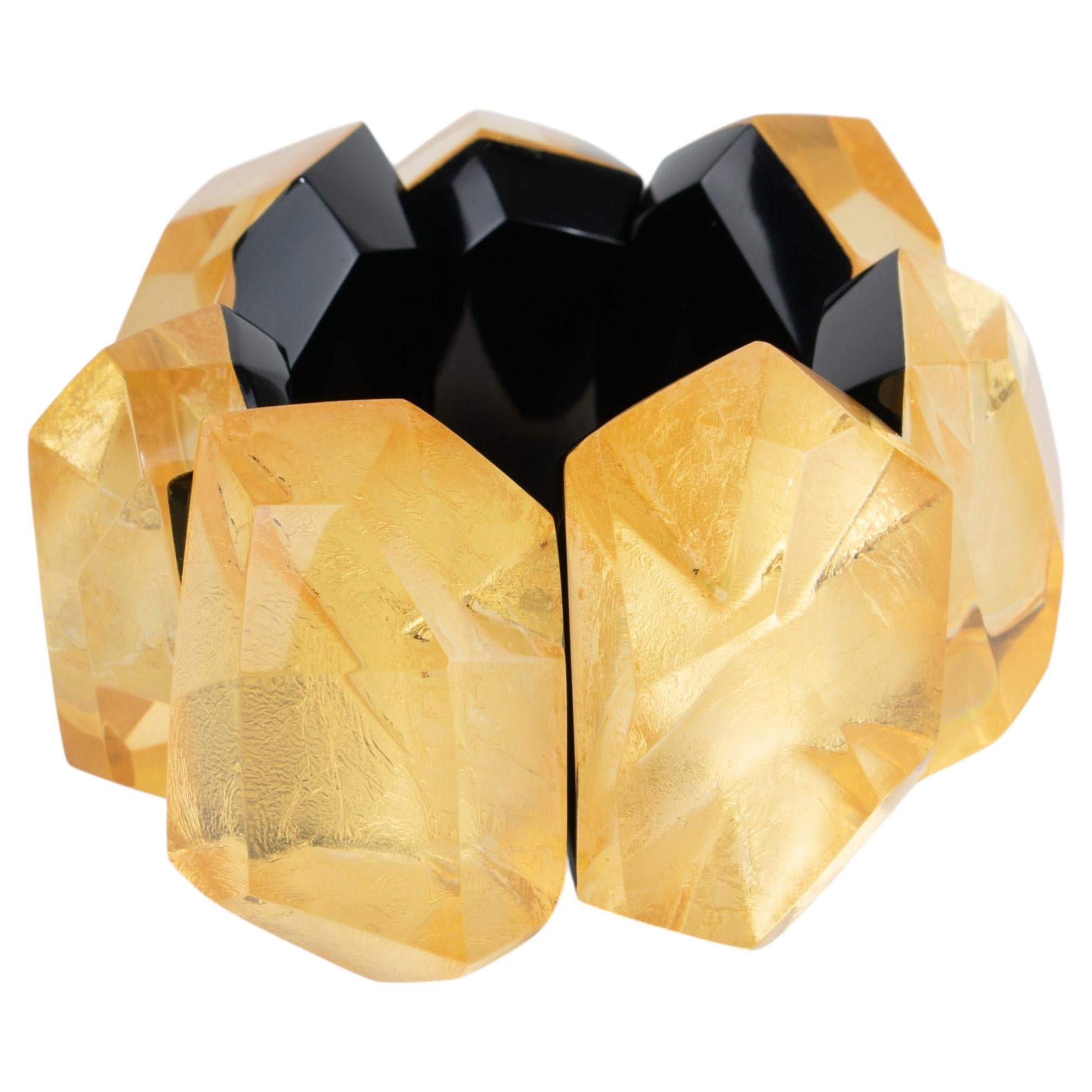 Monies Massive Sculptural Black Resin and Gold Foil Stretch Bracelet Bangle