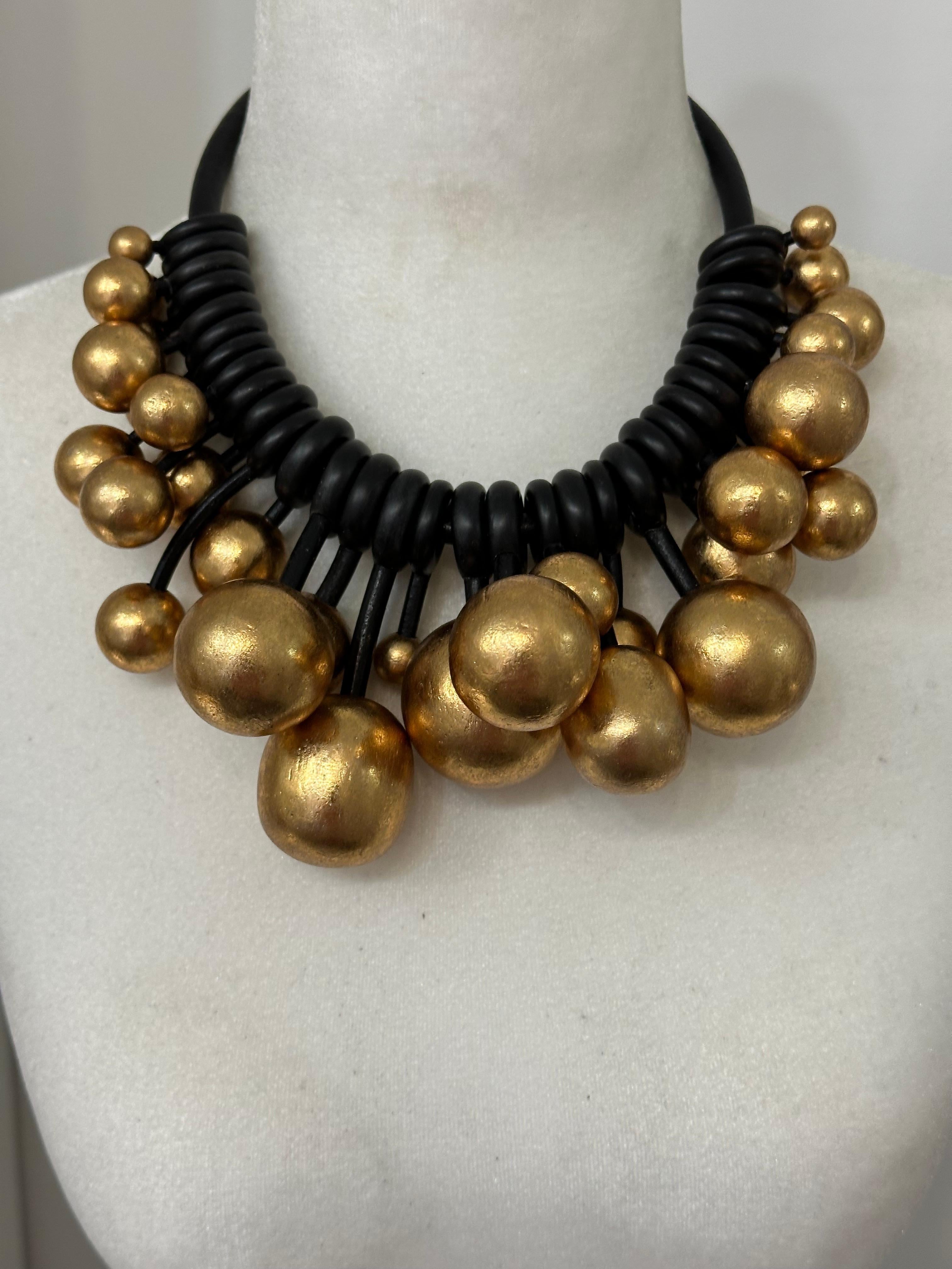 Modern Monies Multi Gold and Wood on Leather Statement Chocker For Sale
