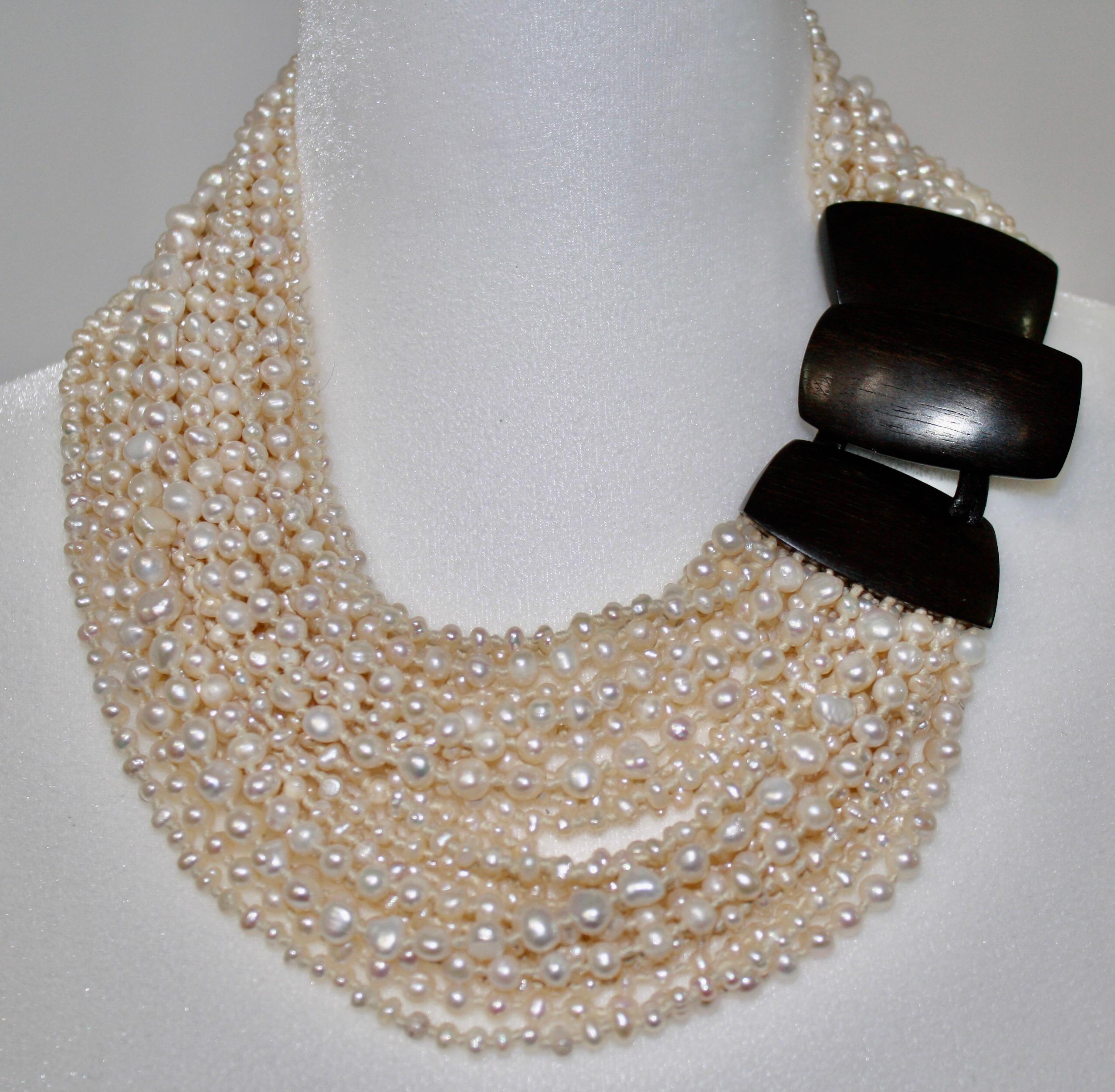 Uncut Monies Multi Strand Freshwater Pearls, Horn And Leather Choker